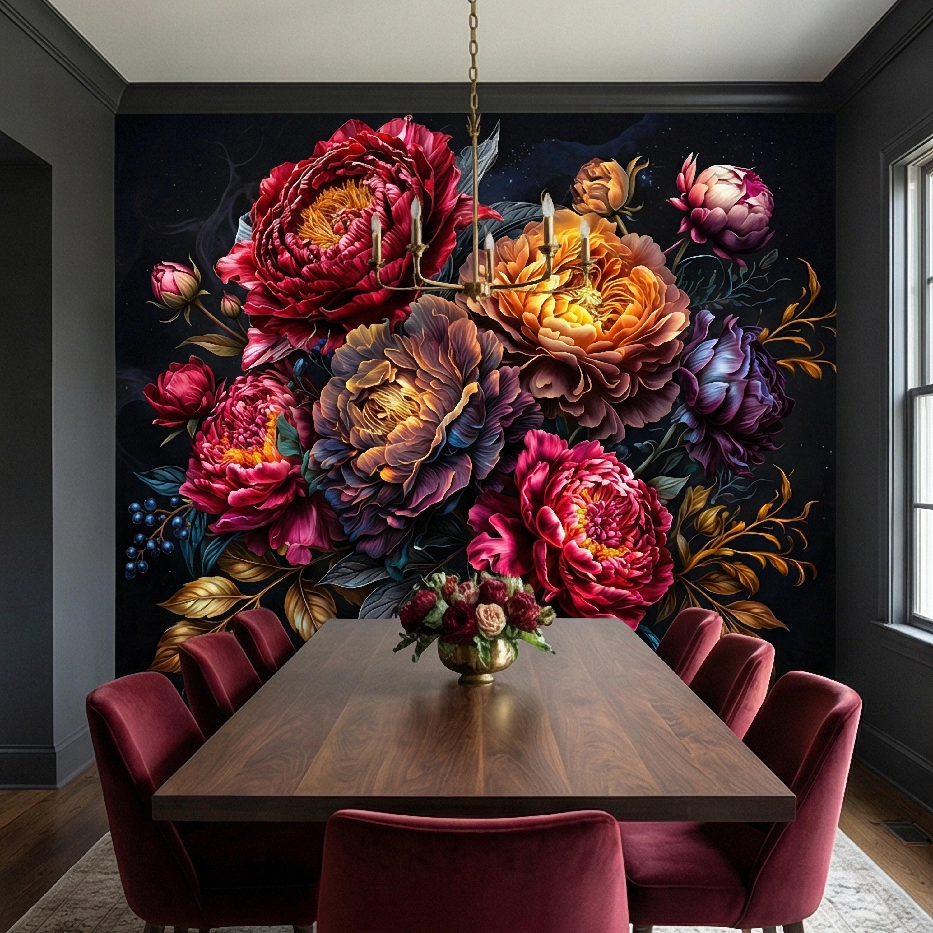 Dark Floral Peel and Stick Wall Mural, Moody Peony Bouquet, Dramatic Maximalist Botanical Bloom, Luxury Statement Wallpaper