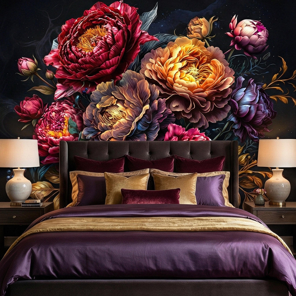 Dark Floral Peel and Stick Wall Mural, Moody Peony Bouquet, Dramatic Maximalist Botanical Bloom, Luxury Statement Wallpaper