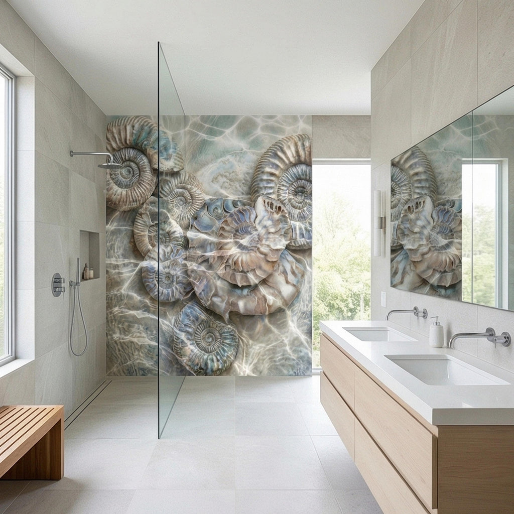 Underwater Ammonite Seashells in Seafoam Bubbles & Sandy Patina Peel and Stick Wall Mural, Ocean Vintage Marine Abstract Wallpaper