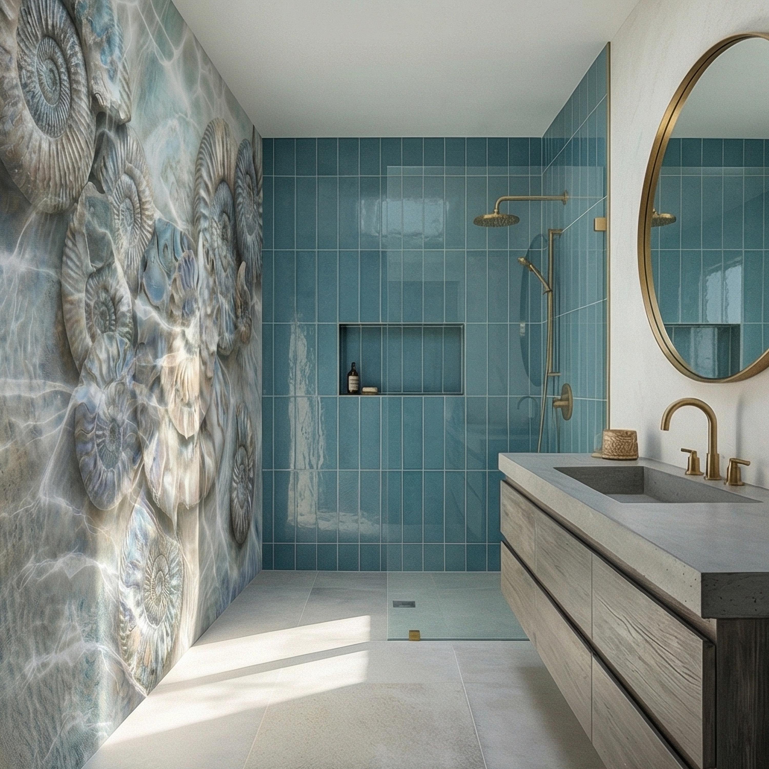 Underwater Ammonite Seashells in Seafoam Bubbles & Sandy Patina Peel and Stick Wall Mural, Ocean Vintage Marine Abstract Wallpaper