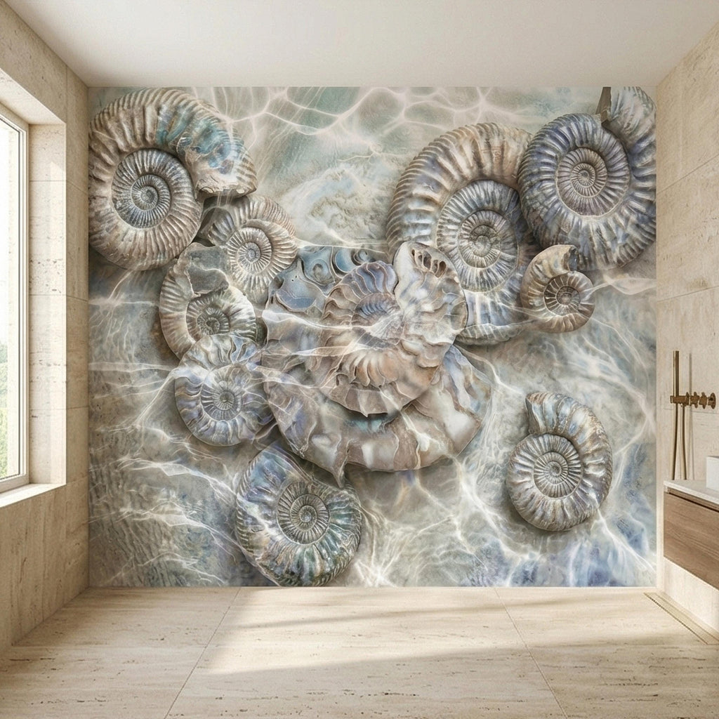 Underwater Ammonite Seashells in Seafoam Bubbles & Sandy Patina Peel and Stick Wall Mural, Ocean Vintage Marine Abstract Wallpaper