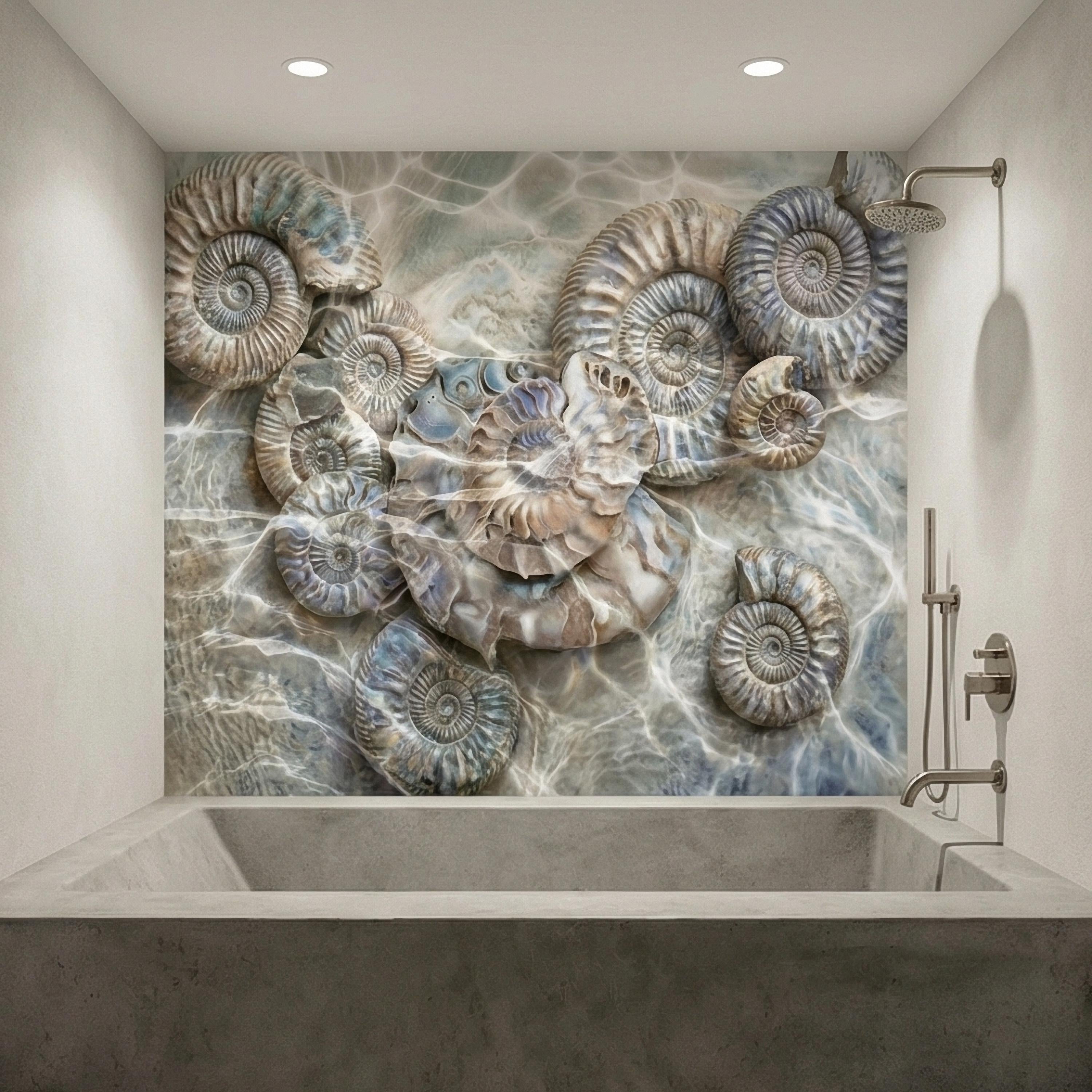 Underwater Ammonite Seashells in Seafoam Bubbles & Sandy Patina Peel and Stick Wall Mural, Ocean Vintage Marine Abstract Wallpaper
