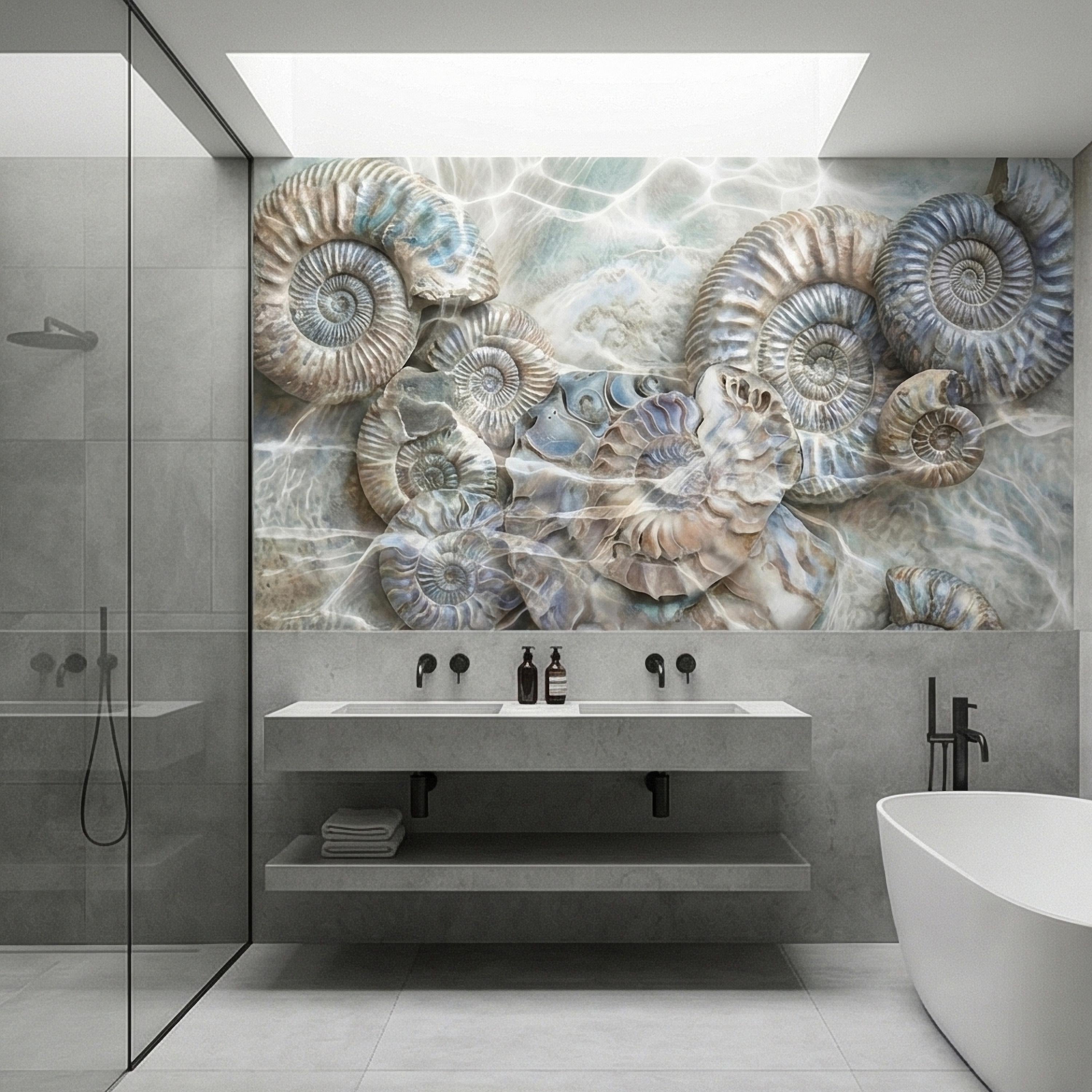 Underwater Ammonite Seashells in Seafoam Bubbles & Sandy Patina Peel and Stick Wall Mural, Ocean Vintage Marine Abstract Wallpaper
