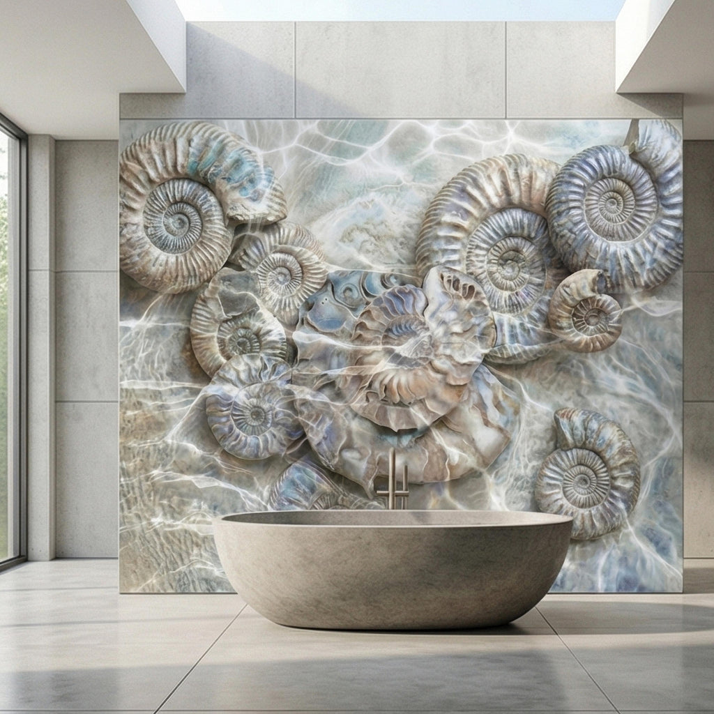 Underwater Ammonite Seashells in Seafoam Bubbles & Sandy Patina Peel and Stick Wall Mural, Ocean Vintage Marine Abstract Wallpaper