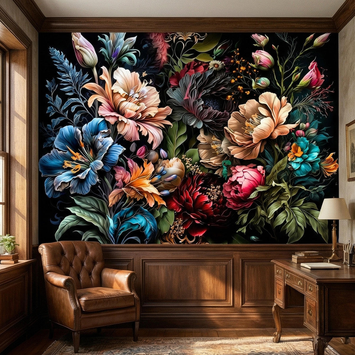 Colorful flower wall mural with oversized peach and blue blossoms on dark base