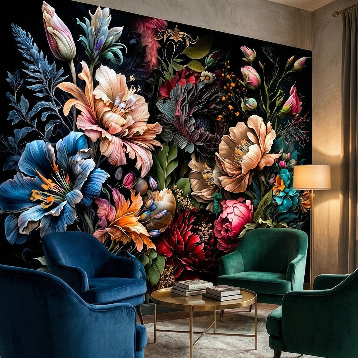 Floral wall mural with large blue and pink blossoms on a dark background