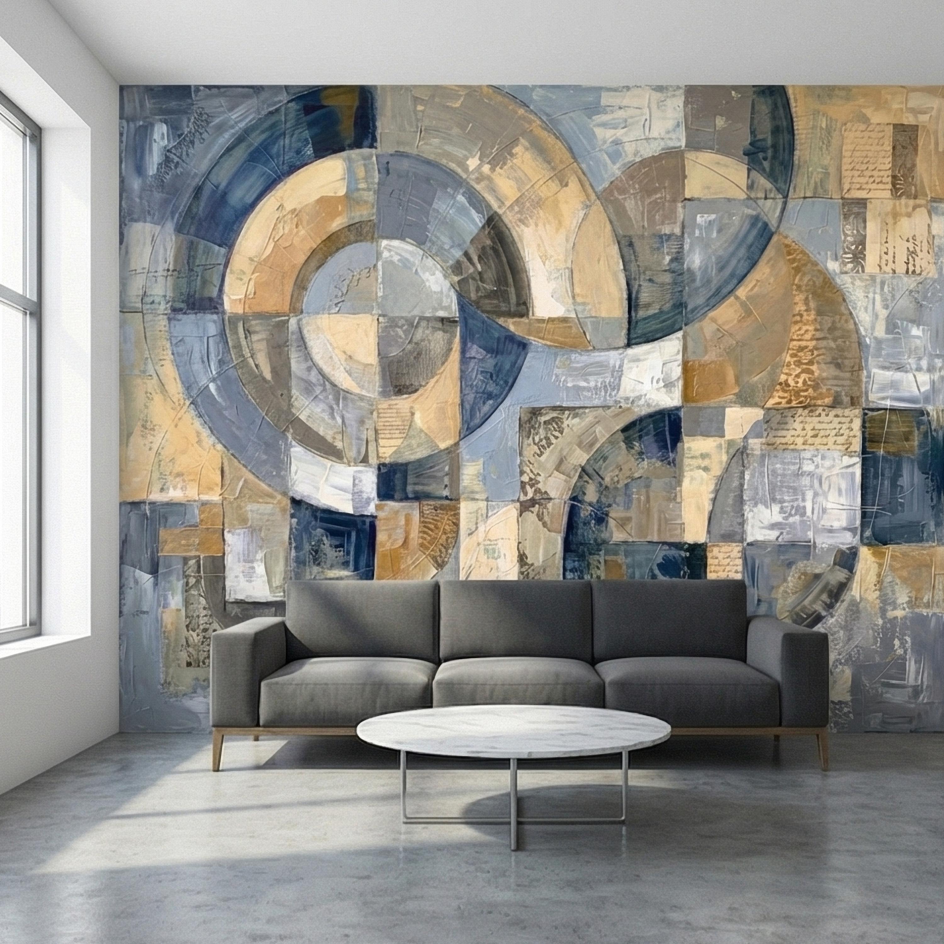 Vintage Abstract Circle Arch Collage Blue Beige Distressed Patina Peel and Stick Wall Mural. Geometric Ring Circles Retro Modern Wallpaper