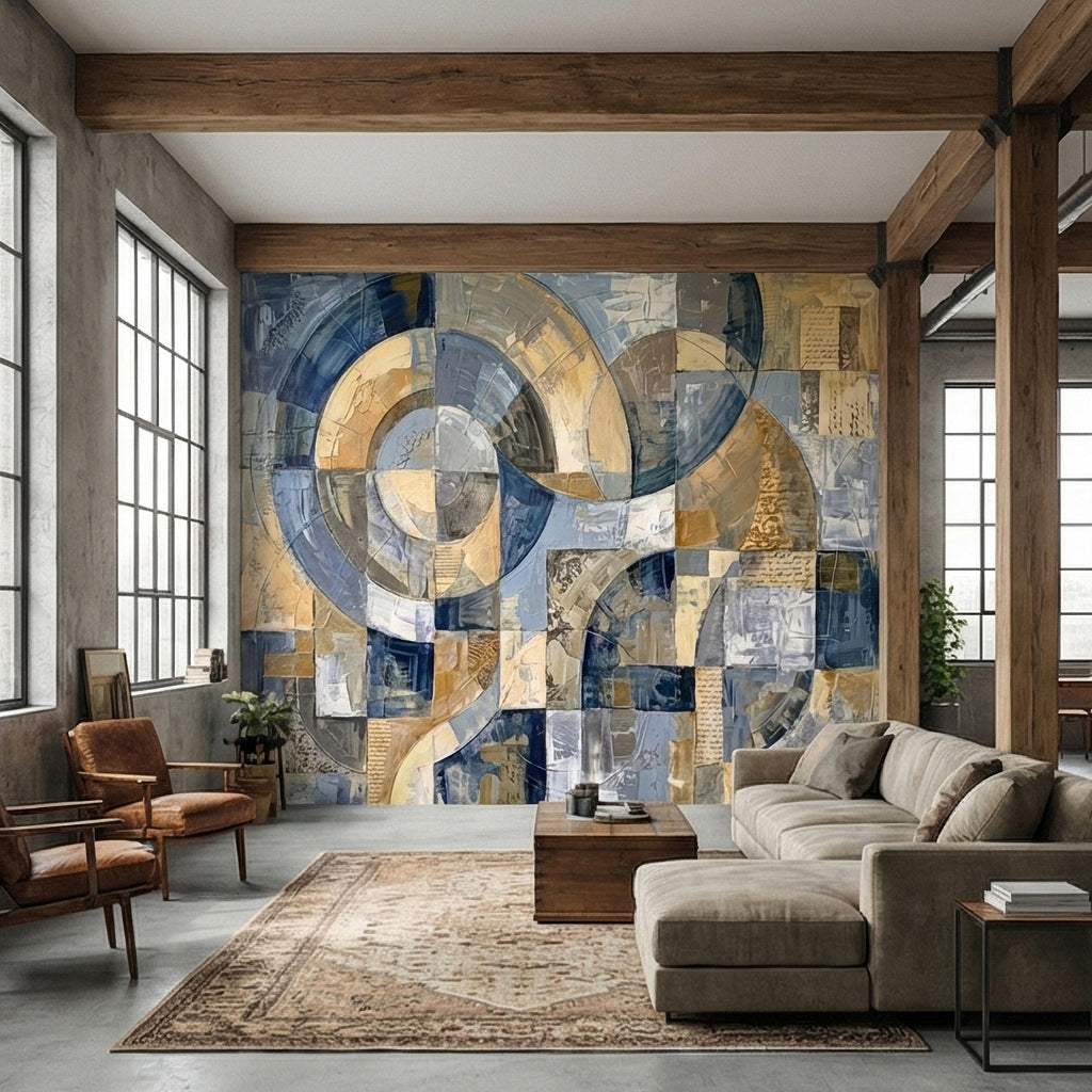 Vintage Abstract Circle Arch Collage Blue Beige Distressed Patina Peel and Stick Wall Mural. Geometric Ring Circles Retro Modern Wallpaper