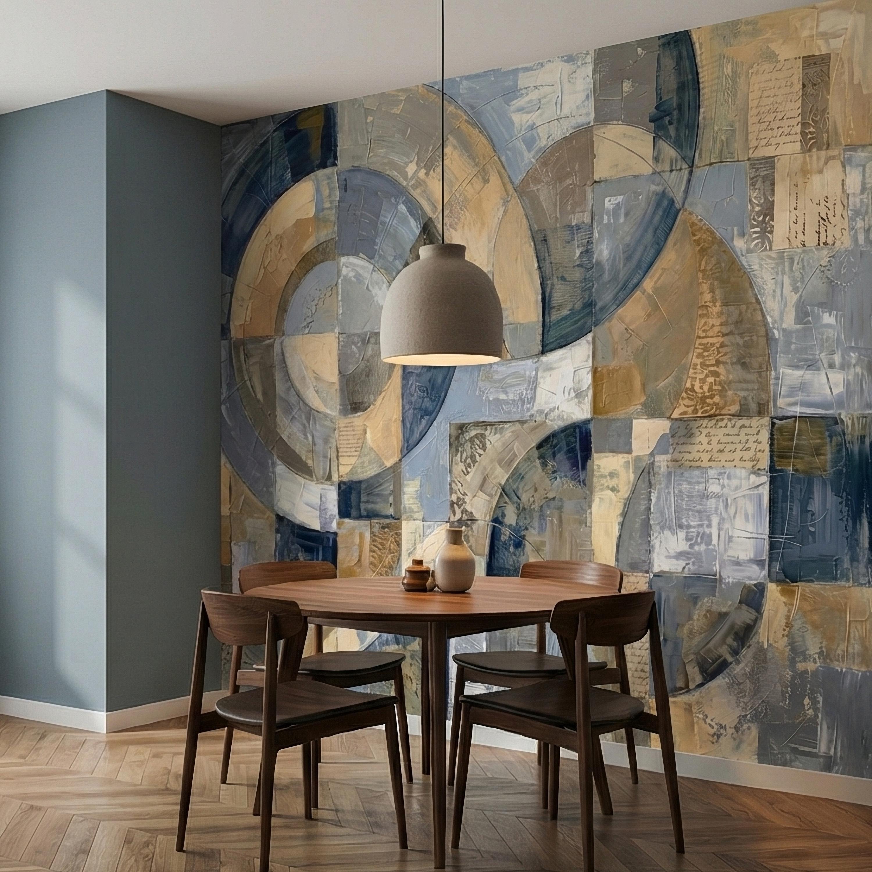 Vintage Abstract Circle Arch Collage Blue Beige Distressed Patina Peel and Stick Wall Mural. Geometric Ring Circles Retro Modern Wallpaper