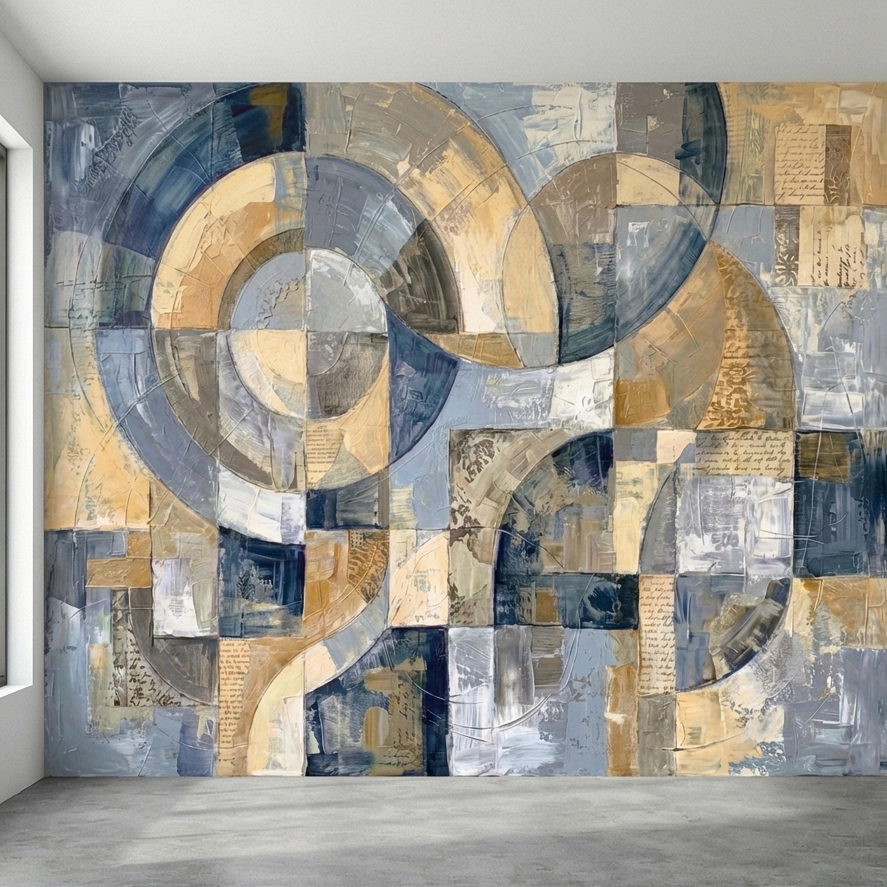 Vintage Abstract Circle Arch Collage Blue Beige Distressed Patina Peel and Stick Wall Mural. Geometric Ring Circles Retro Modern Wallpaper
