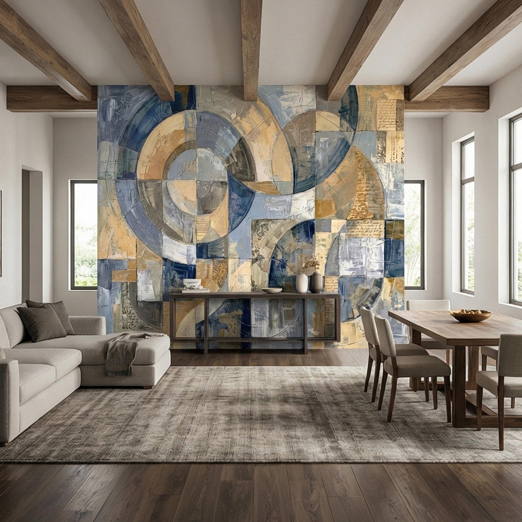 Vintage Abstract Circle Arch Collage Blue Beige Distressed Patina Peel and Stick Wall Mural. Geometric Ring Circles Retro Modern Wallpaper