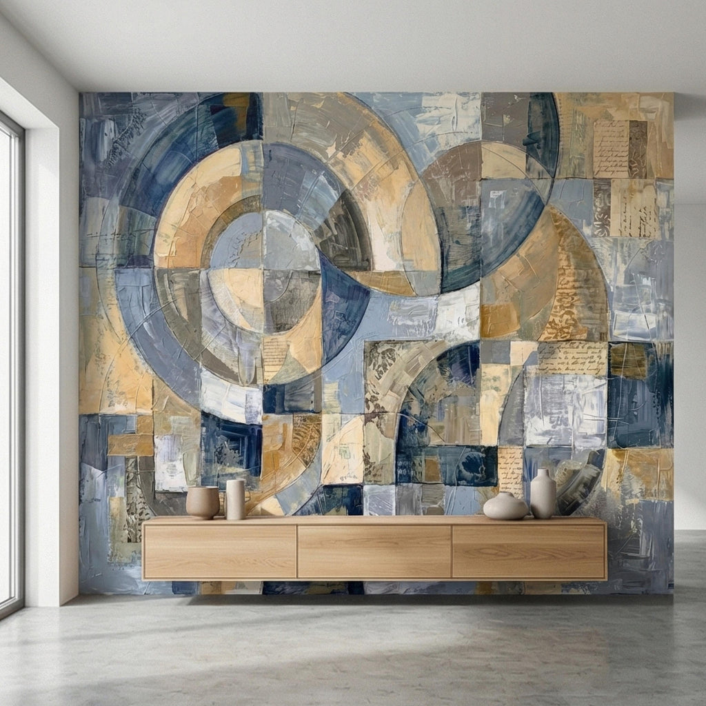 Vintage Abstract Circle Arch Collage Blue Beige Distressed Patina Peel and Stick Wall Mural. Geometric Ring Circles Retro Modern Wallpaper