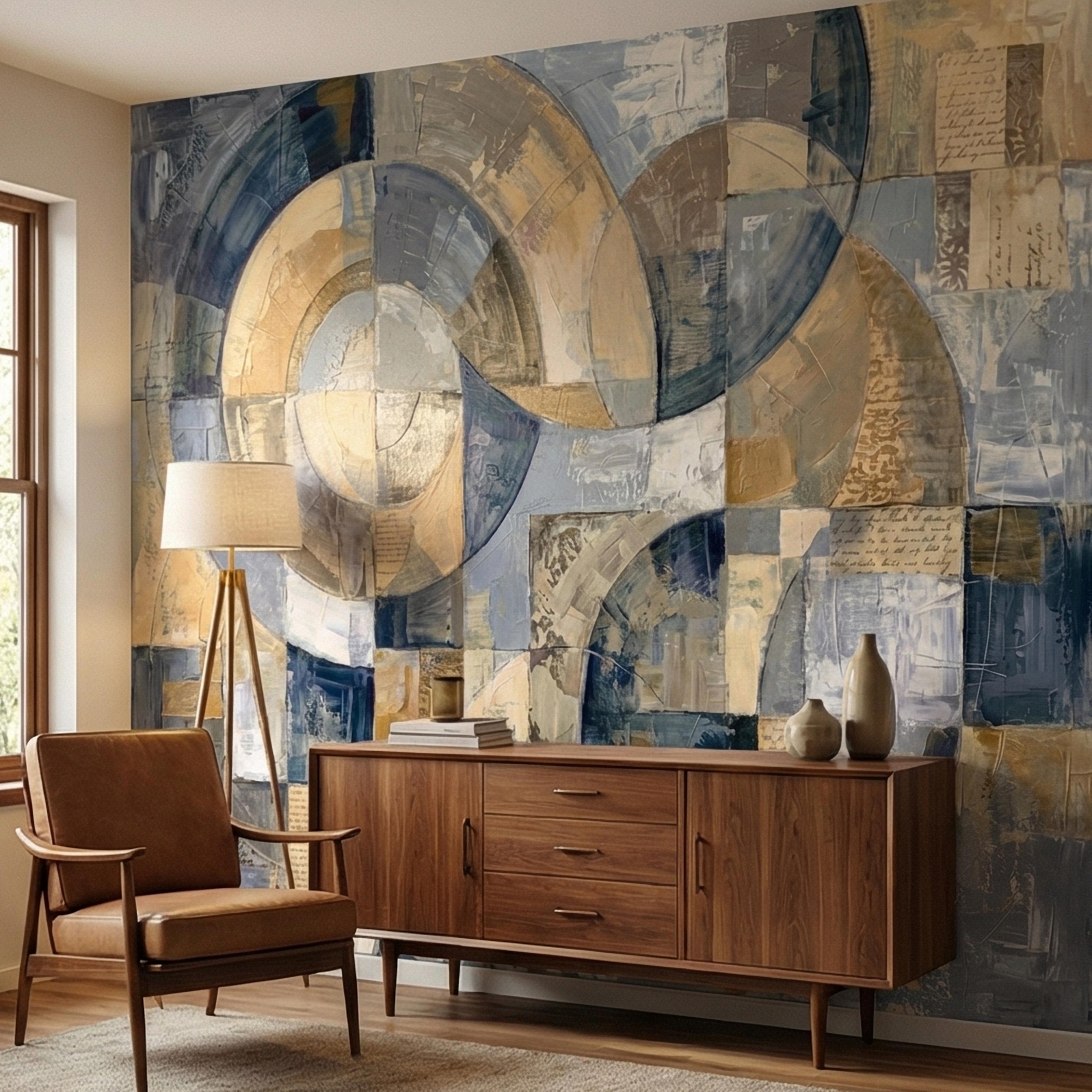 Vintage Abstract Circle Arch Collage Blue Beige Distressed Patina Peel and Stick Wall Mural. Geometric Ring Circles Retro Modern Wallpaper