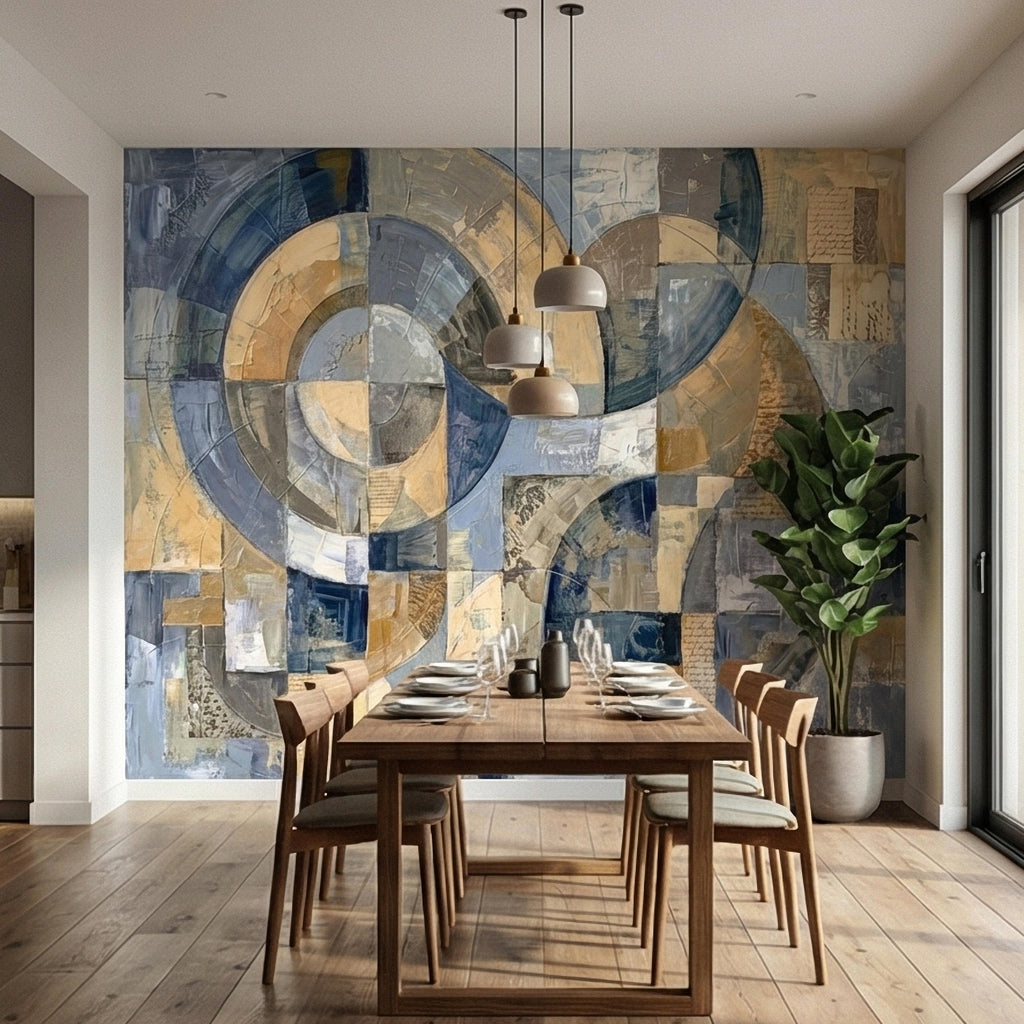 Vintage Abstract Circle Arch Collage Blue Beige Distressed Patina Peel and Stick Wall Mural. Geometric Ring Circles Retro Modern Wallpaper