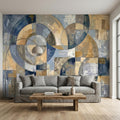 Vintage Abstract Circle Arch Collage Blue Beige Distressed Patina Peel and Stick Wall Mural. Geometric Ring Circles Retro Modern Wallpaper