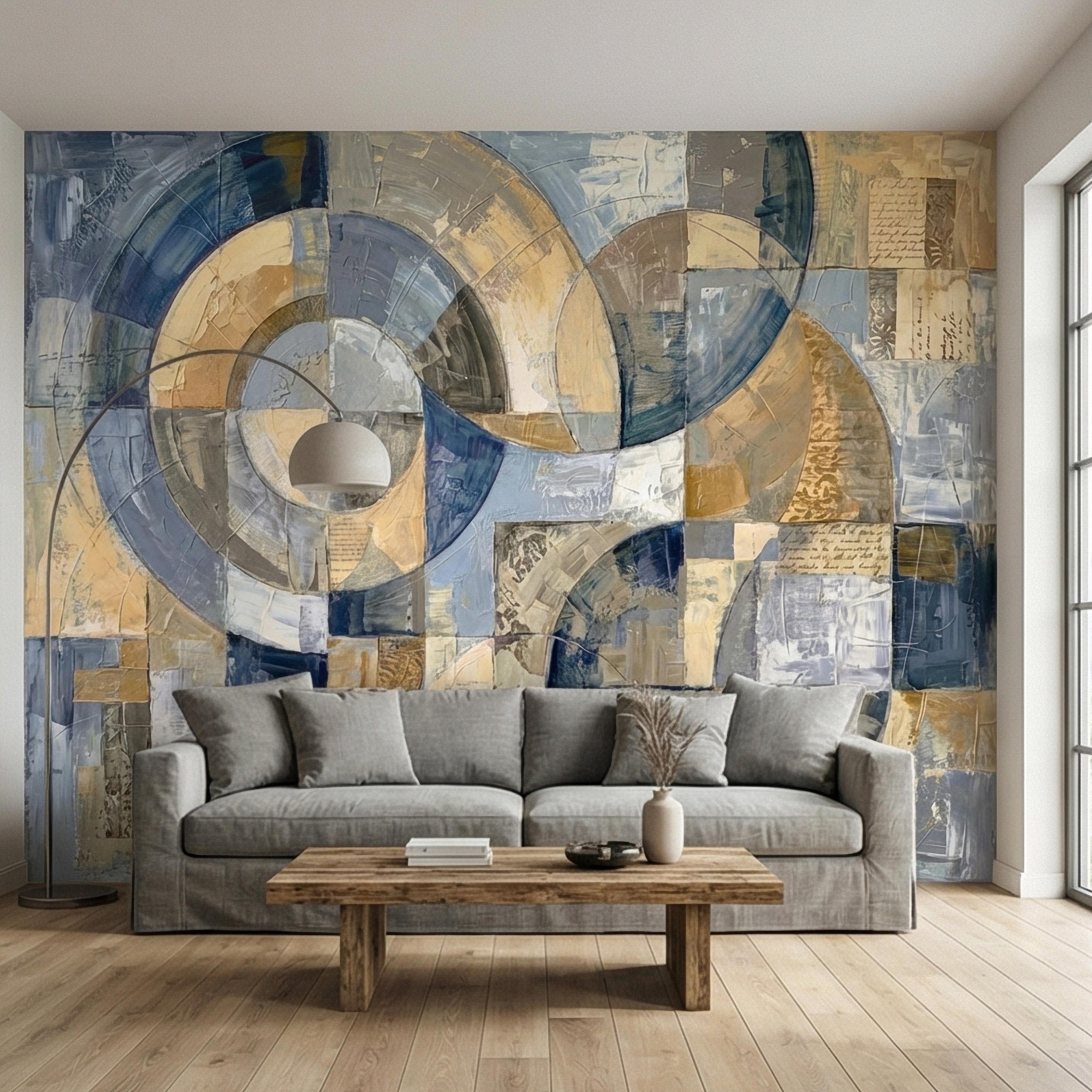 Vintage Abstract Circle Arch Collage Blue Beige Distressed Patina Peel and Stick Wall Mural. Geometric Ring Circles Retro Modern Wallpaper