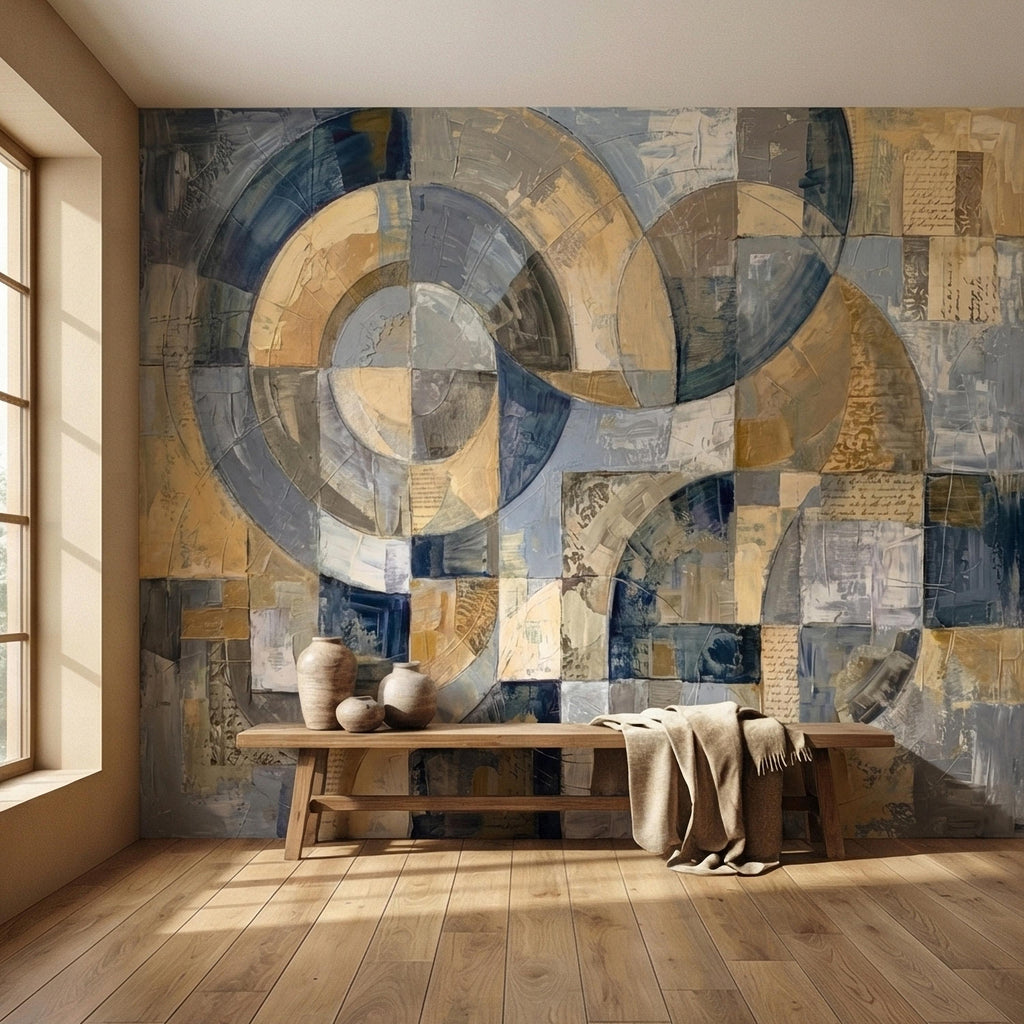 Vintage Abstract Circle Arch Collage Blue Beige Distressed Patina Peel and Stick Wall Mural. Geometric Ring Circles Retro Modern Wallpaper