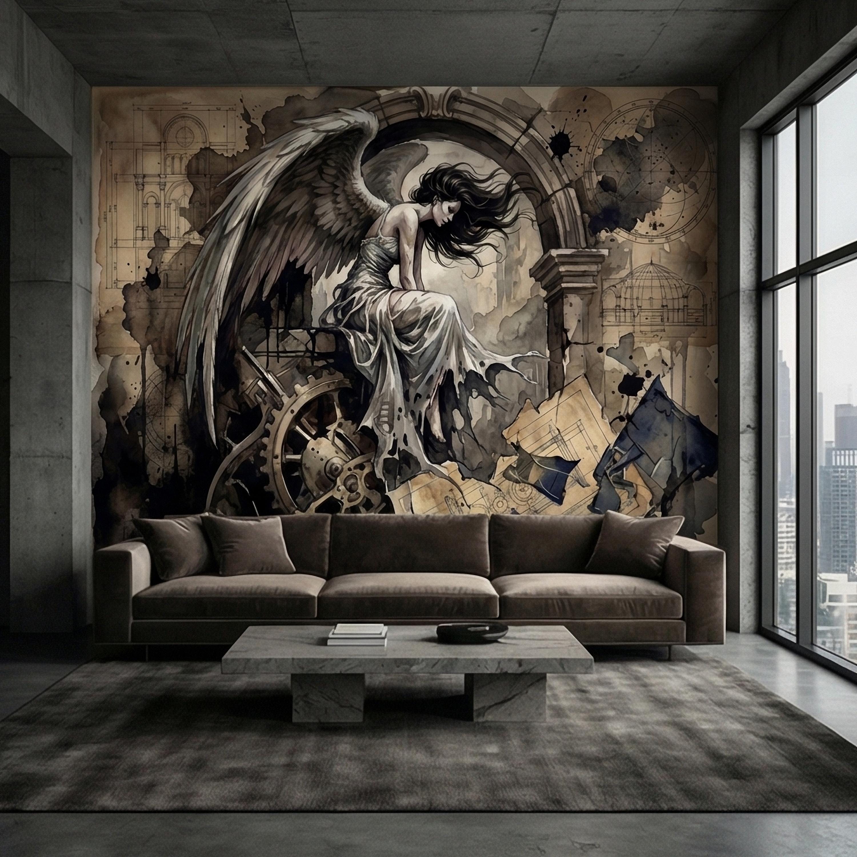 Vintage Winged Angel Architectural Blueprint Cathedral Collage Peel and Stick Wall Mural Sepia Gothic Surreal Antique Engraving Wallpaper