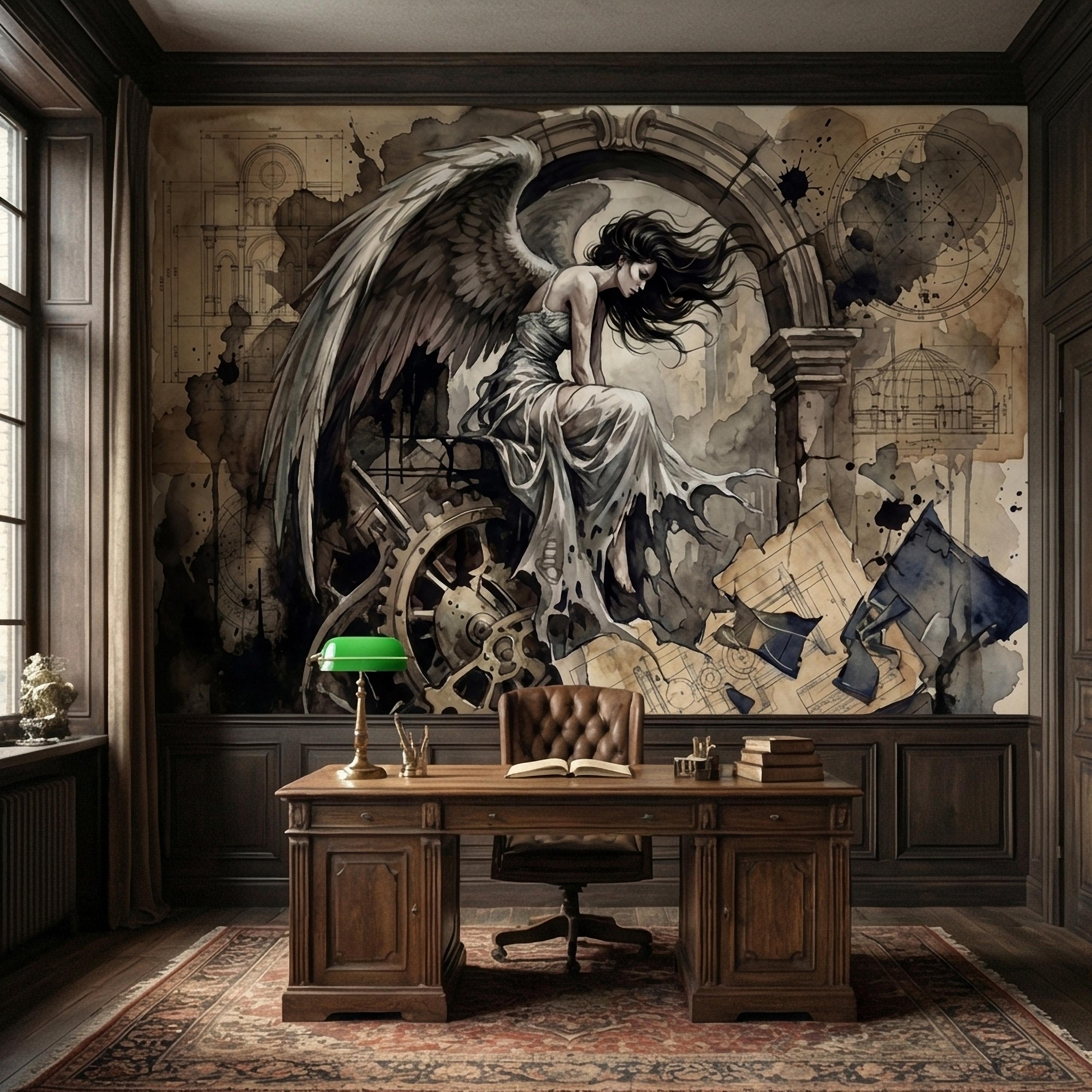 Vintage Winged Angel Architectural Blueprint Cathedral Collage Peel and Stick Wall Mural Sepia Gothic Surreal Antique Engraving Wallpaper