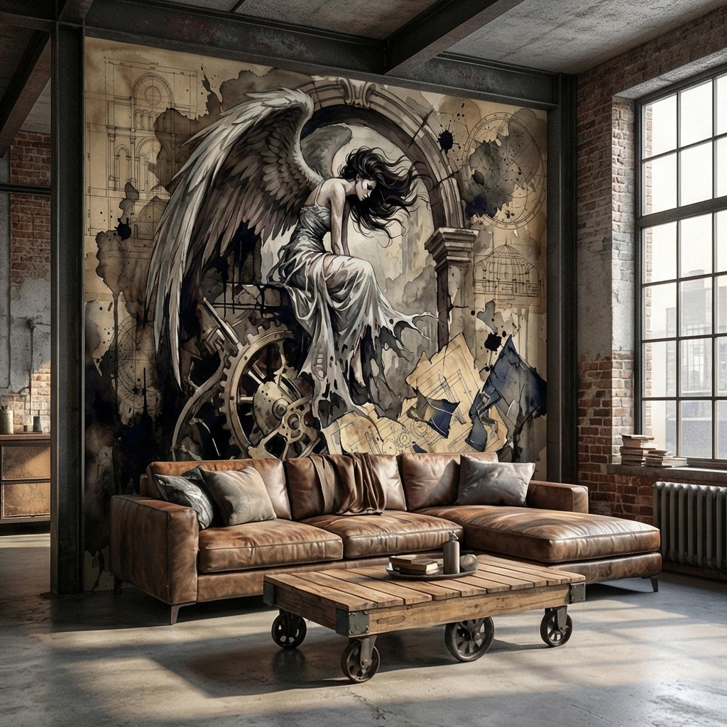 Vintage Winged Angel Architectural Blueprint Cathedral Collage Peel and Stick Wall Mural Sepia Gothic Surreal Antique Engraving Wallpaper