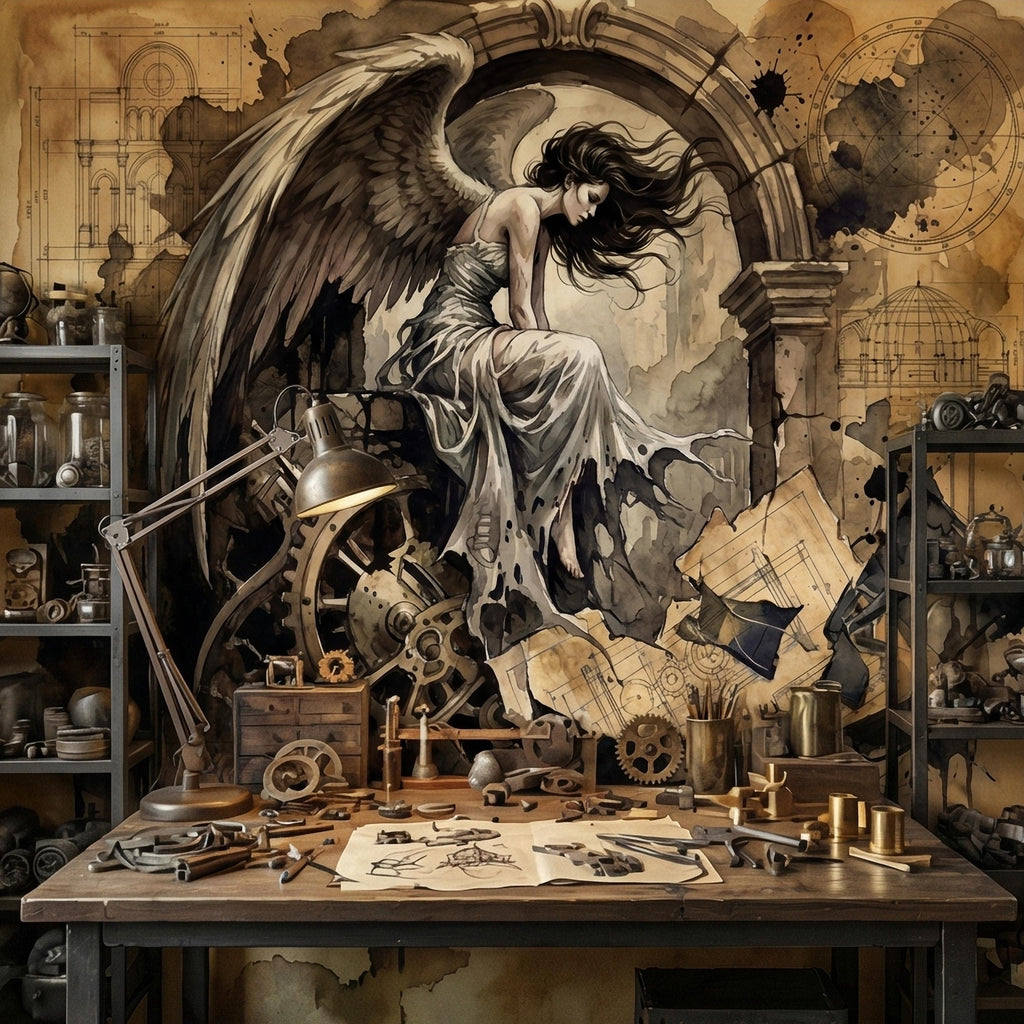 Vintage Winged Angel Architectural Blueprint Cathedral Collage Peel and Stick Wall Mural Sepia Gothic Surreal Antique Engraving Wallpaper