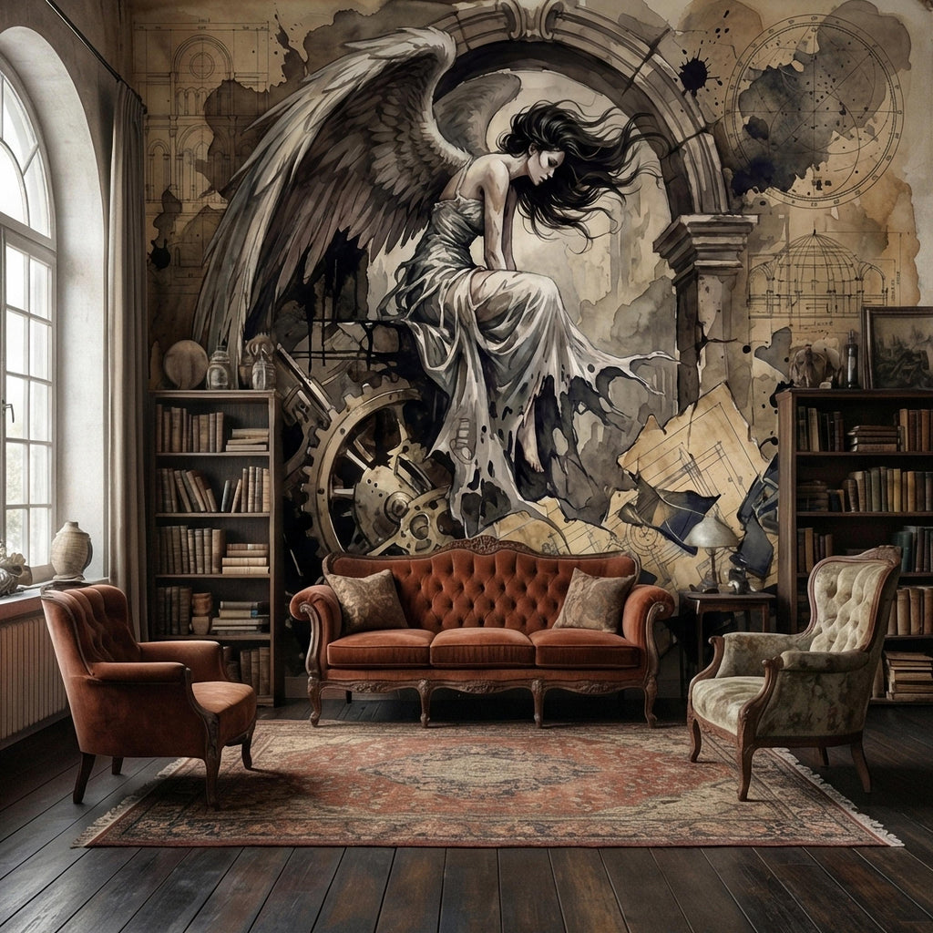 Vintage Winged Angel Architectural Blueprint Cathedral Collage Peel and Stick Wall Mural Sepia Gothic Surreal Antique Engraving Wallpaper