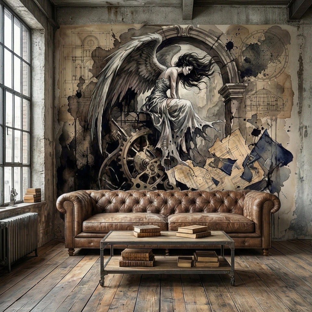 Vintage Winged Angel Architectural Blueprint Cathedral Collage Peel and Stick Wall Mural Sepia Gothic Surreal Antique Engraving Wallpaper