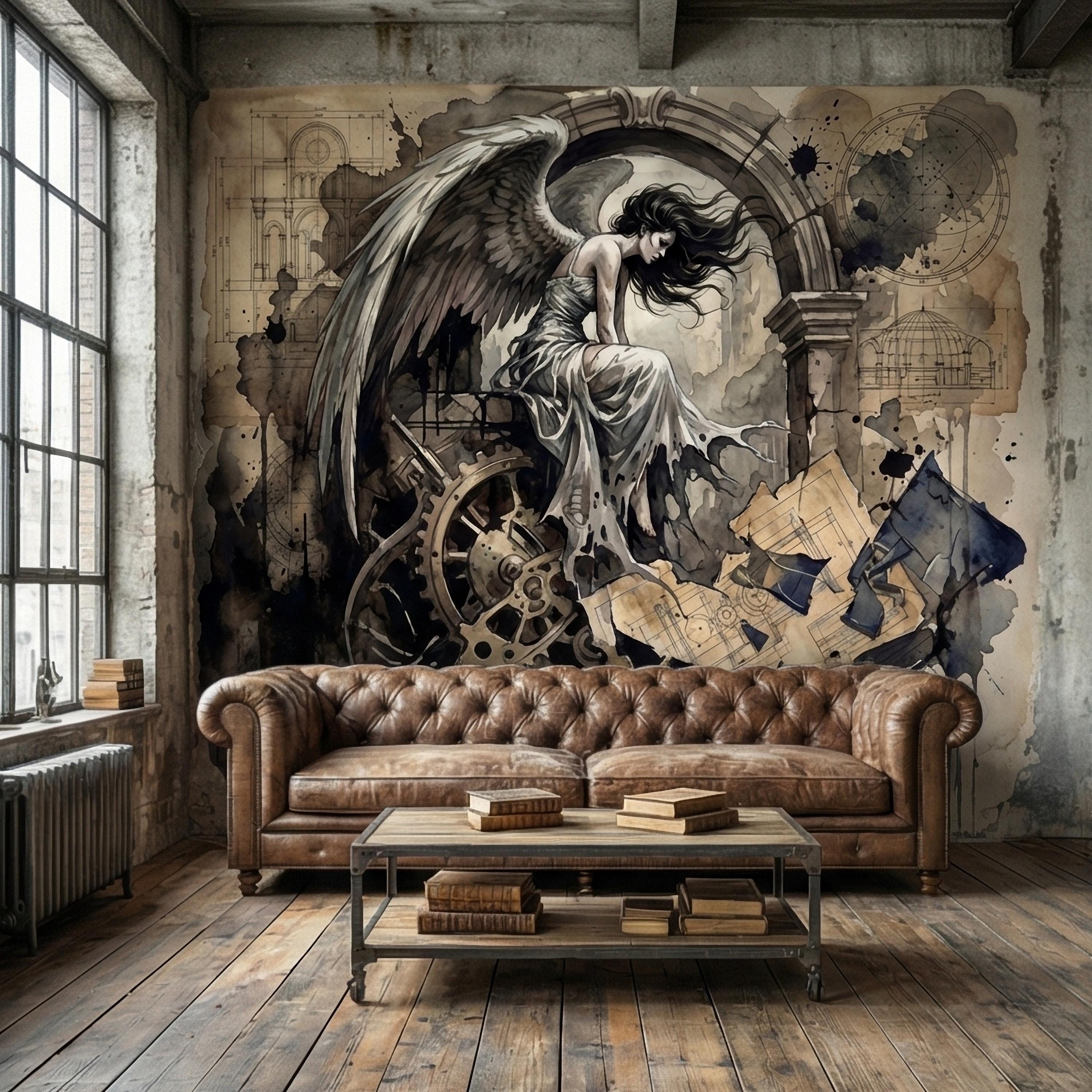 Vintage Winged Angel Architectural Blueprint Cathedral Collage Peel and Stick Wall Mural Sepia Gothic Surreal Antique Engraving Wallpaper