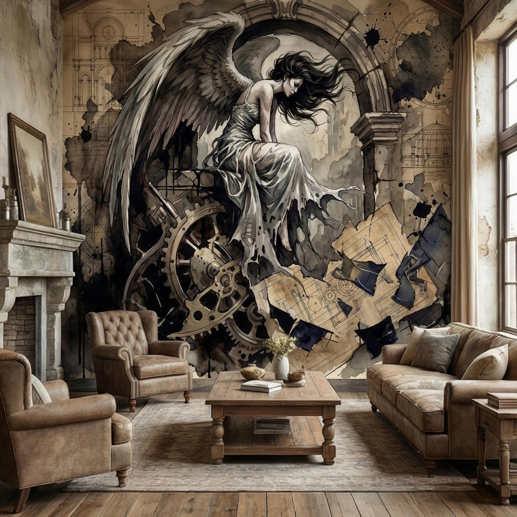 Vintage Winged Angel Architectural Blueprint Cathedral Collage Peel and Stick Wall Mural Sepia Gothic Surreal Antique Engraving Wallpaper