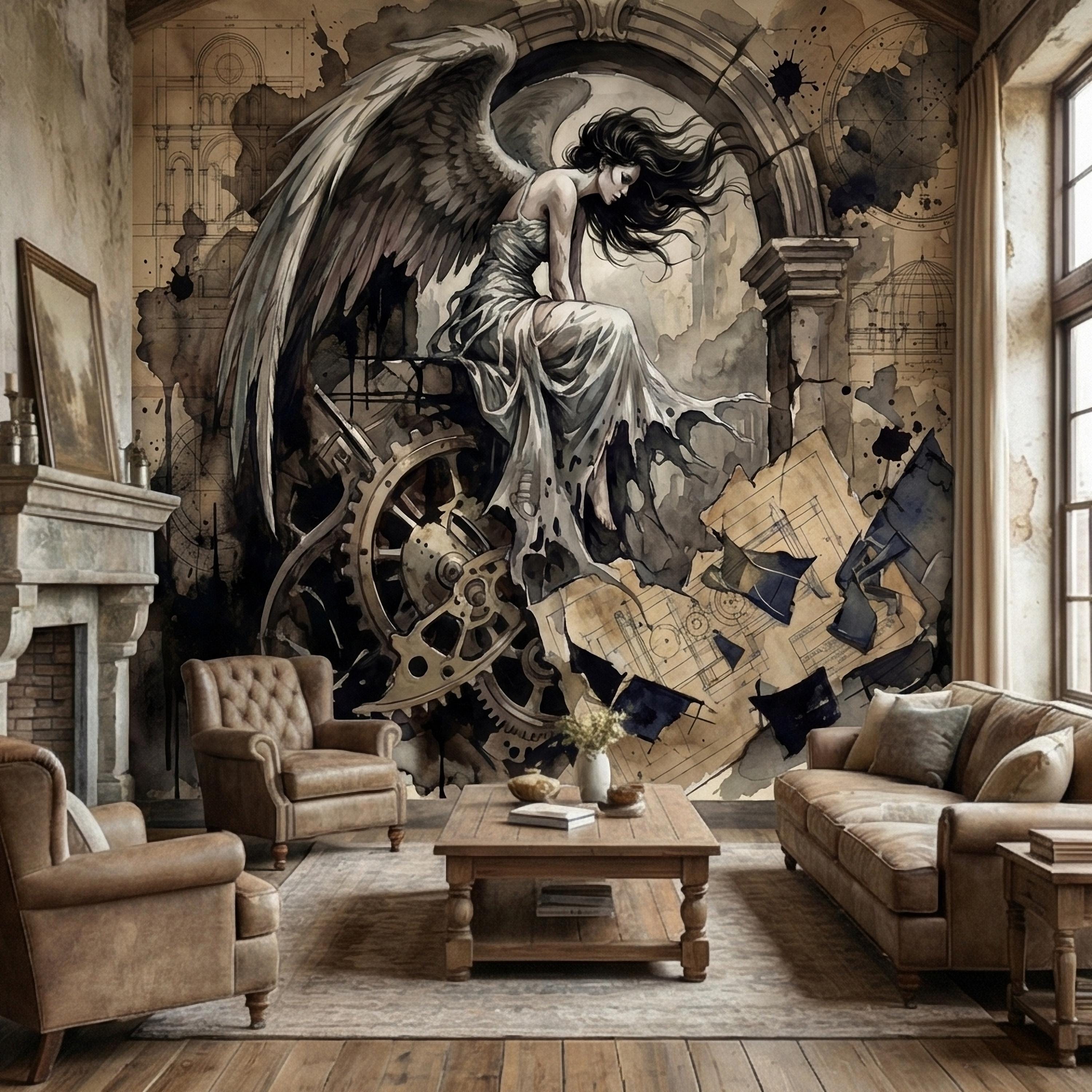 Vintage Winged Angel Architectural Blueprint Cathedral Collage Peel and Stick Wall Mural Sepia Gothic Surreal Antique Engraving Wallpaper