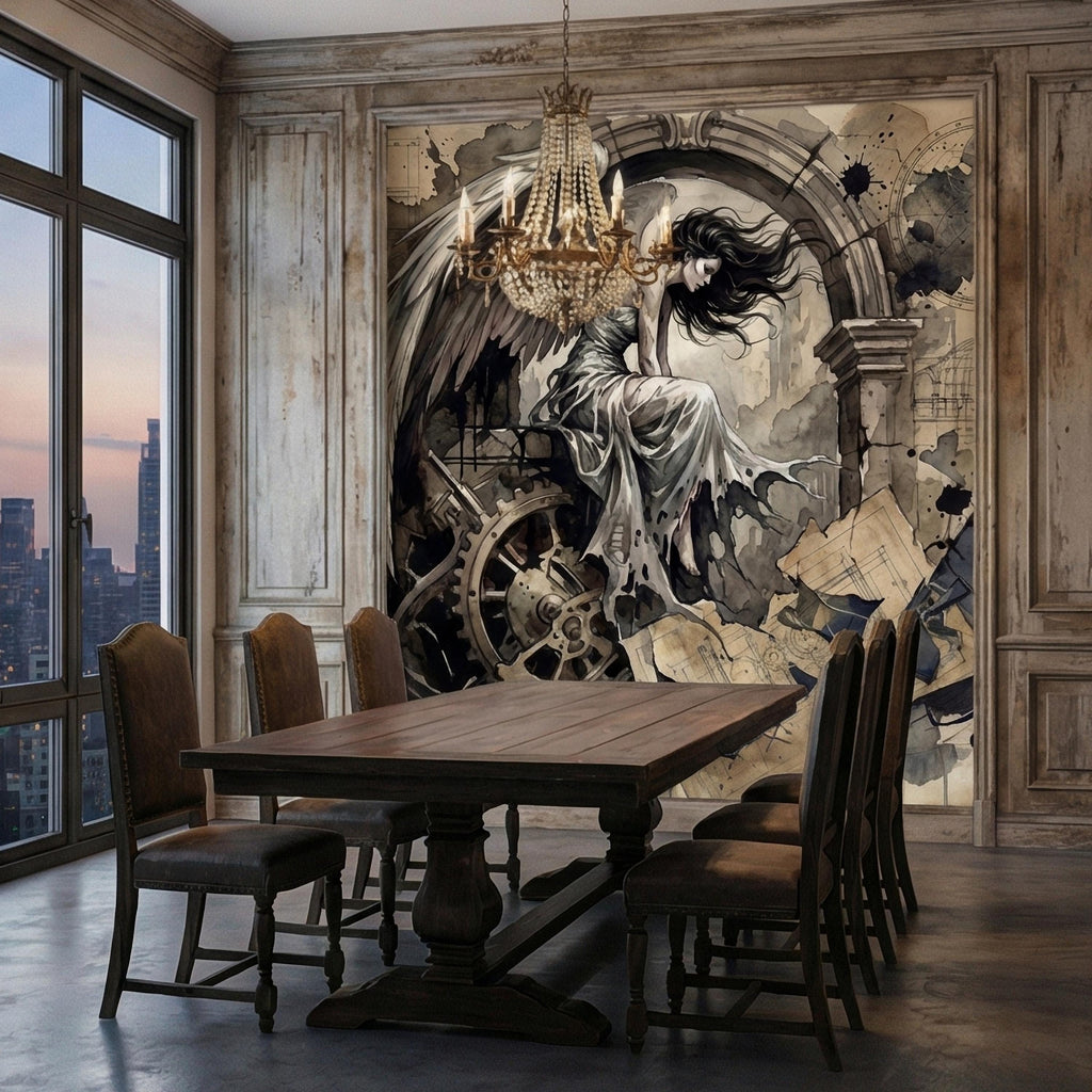 Vintage Winged Angel Architectural Blueprint Cathedral Collage Peel and Stick Wall Mural Sepia Gothic Surreal Antique Engraving Wallpaper