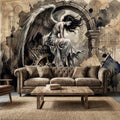 Vintage Winged Angel Architectural Blueprint Cathedral Collage Peel and Stick Wall Mural Sepia Gothic Surreal Antique Engraving Wallpaper