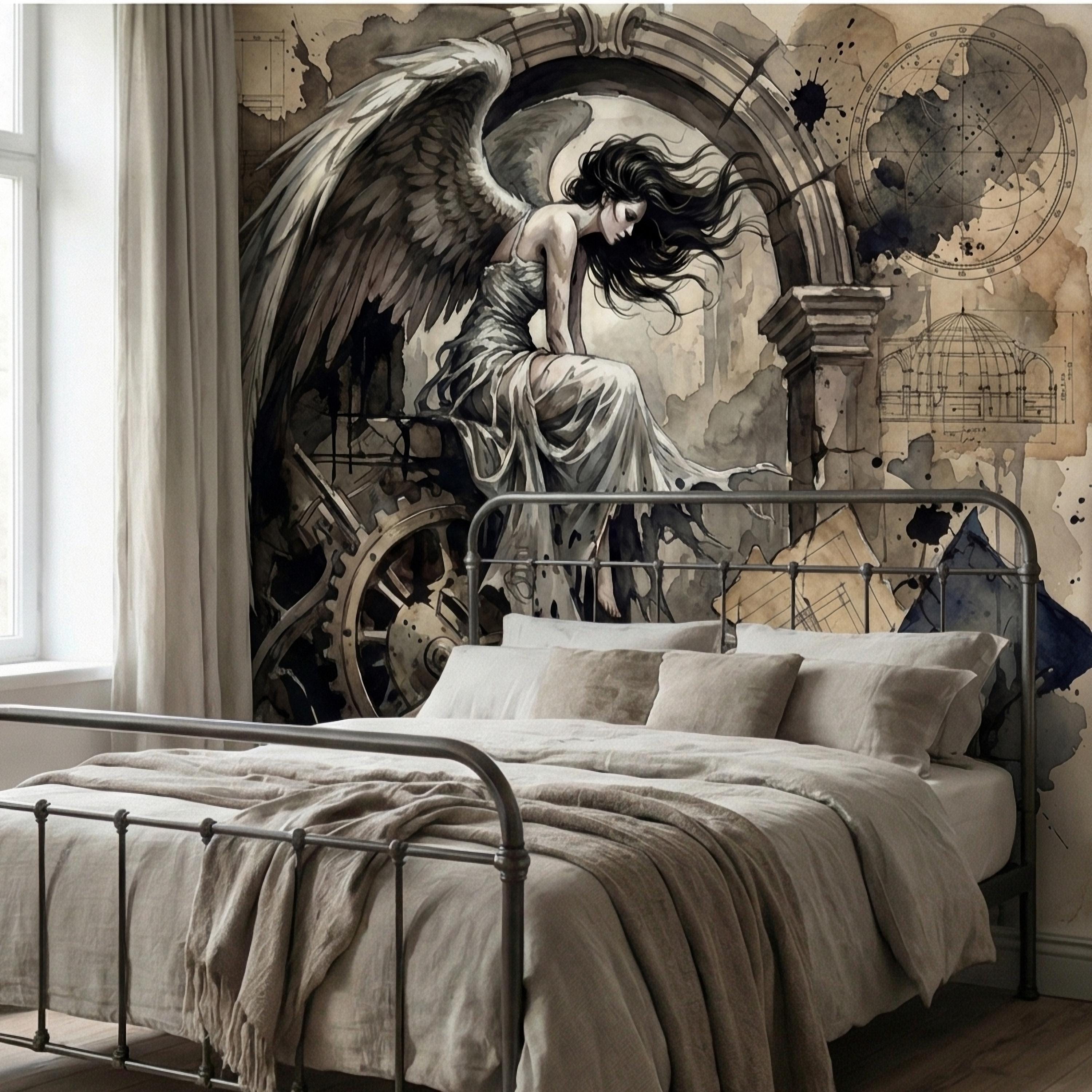Vintage Winged Angel Architectural Blueprint Cathedral Collage Peel and Stick Wall Mural Sepia Gothic Surreal Antique Engraving Wallpaper