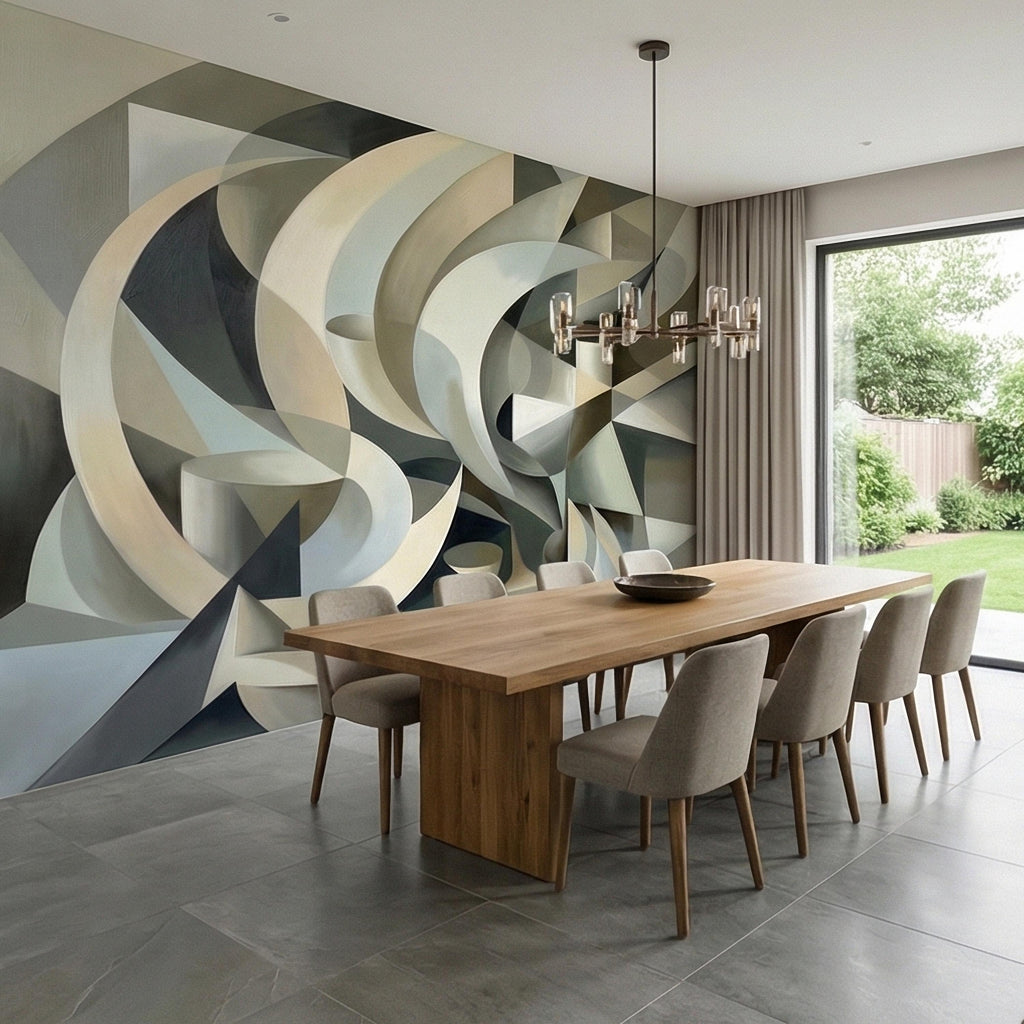 Abstract 3D Ribbon Waves Illusion Blue Gray Beige Peel and Stick Wall Mural, Retro Sculptural Op Art Curves Textured Background Wallpaper