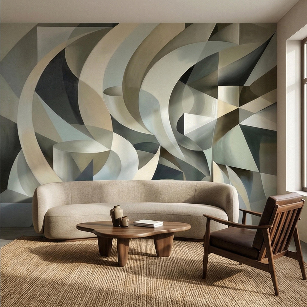 Abstract 3D Ribbon Waves Illusion Blue Gray Beige Peel and Stick Wall Mural, Retro Sculptural Op Art Curves Textured Background Wallpaper