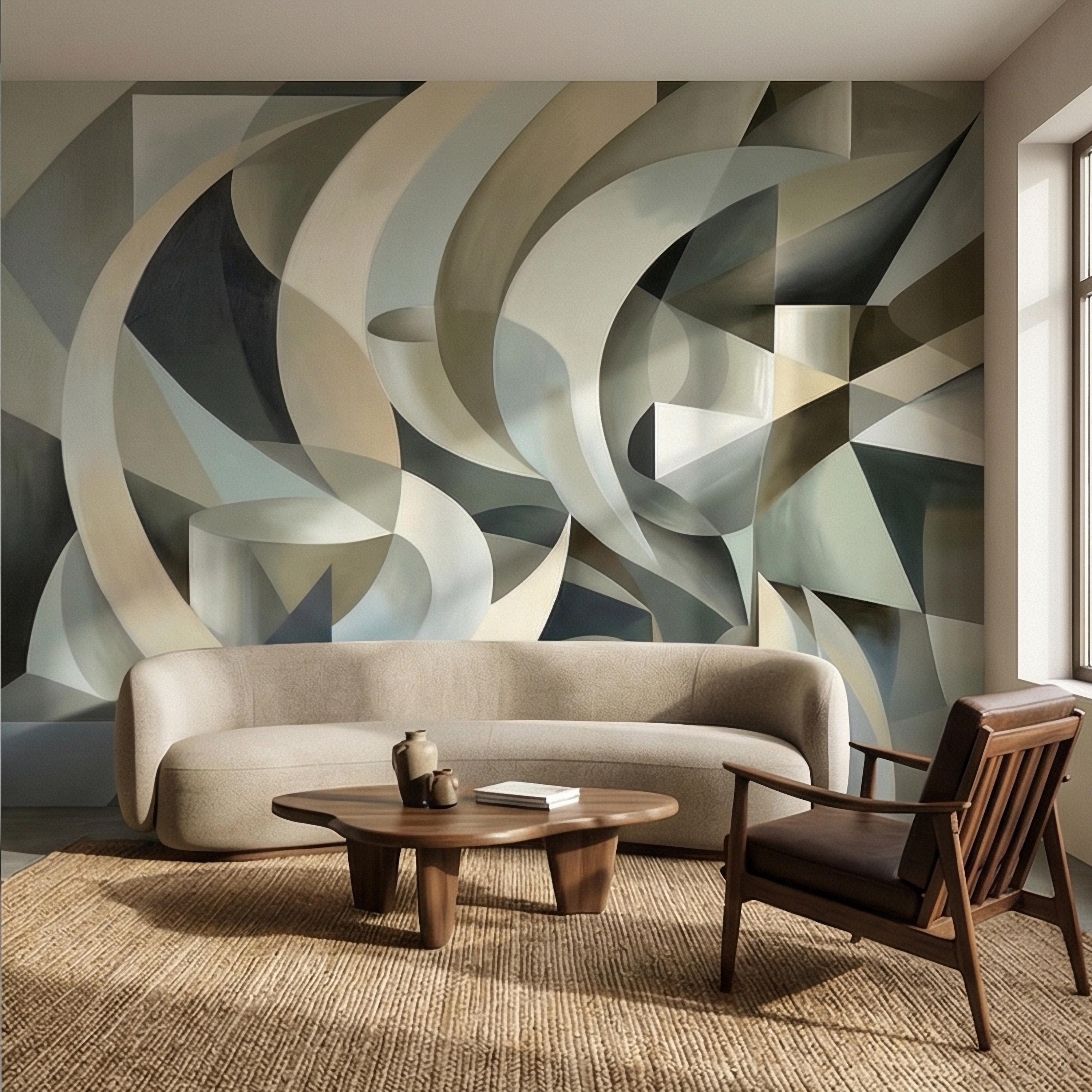 Abstract 3D Ribbon Waves Illusion Blue Gray Beige Peel and Stick Wall Mural, Retro Sculptural Op Art Curves Textured Background Wallpaper