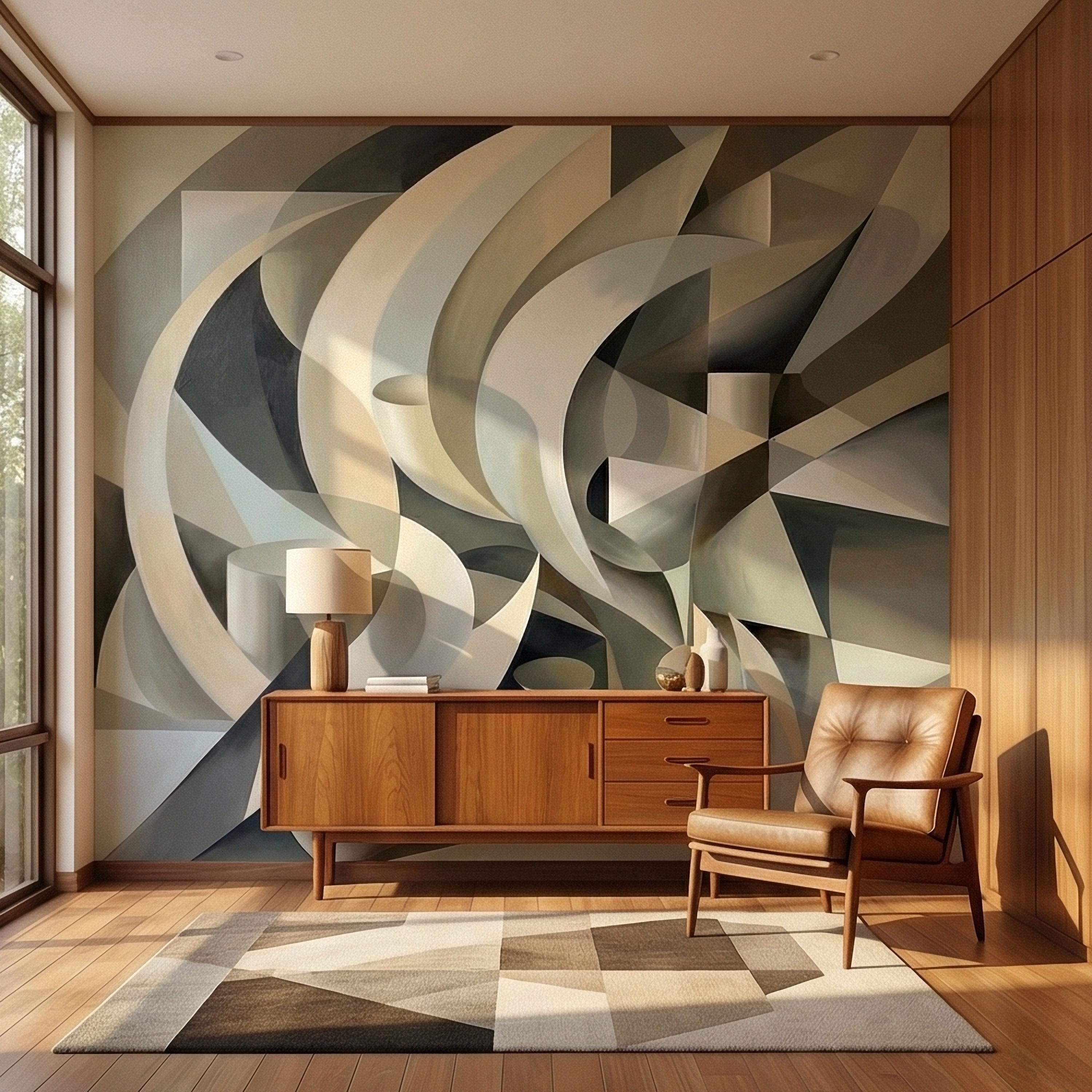 Abstract 3D Ribbon Waves Illusion Blue Gray Beige Peel and Stick Wall Mural, Retro Sculptural Op Art Curves Textured Background Wallpaper