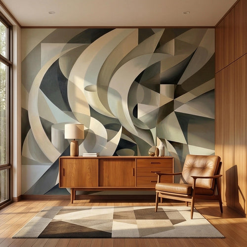 Abstract 3D Ribbon Waves Illusion Blue Gray Beige Peel and Stick Wall Mural, Retro Sculptural Op Art Curves Textured Background Wallpaper