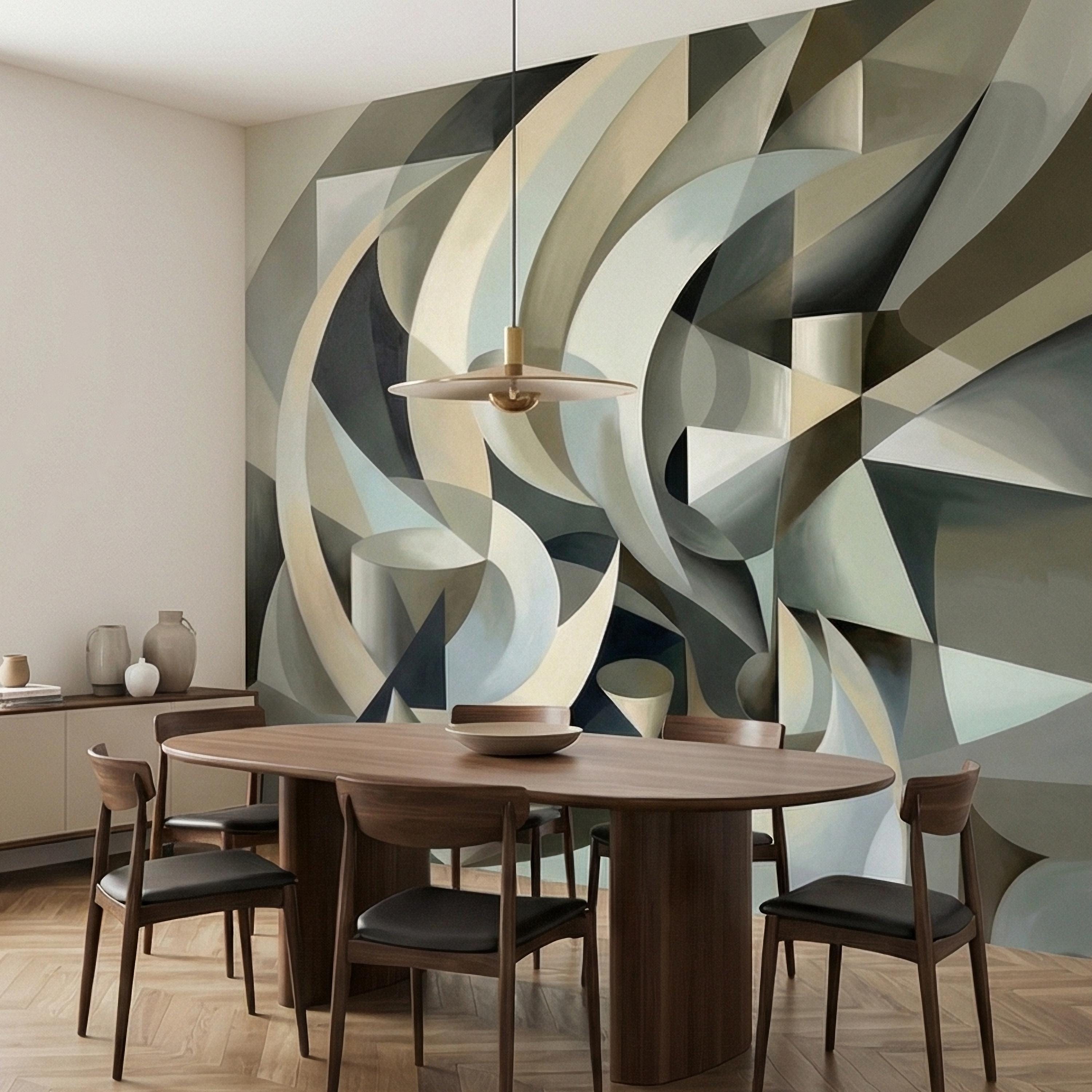 Abstract 3D Ribbon Waves Illusion Blue Gray Beige Peel and Stick Wall Mural, Retro Sculptural Op Art Curves Textured Background Wallpaper