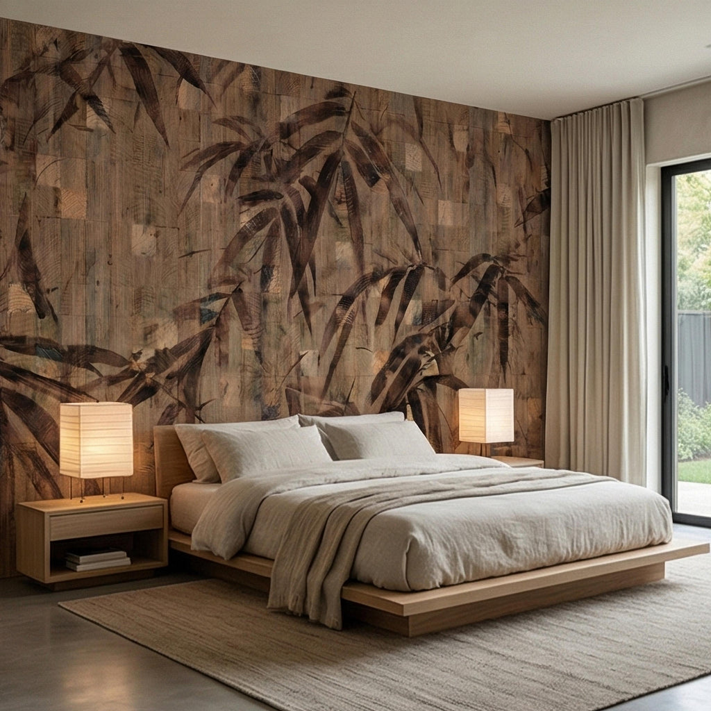 Burnt Palm Leaf on Rustic Wooden Blocks, Peel and Stick Wall Mural, Vintage Distressed Botanical Sepia Jungle Boho Wallpaper