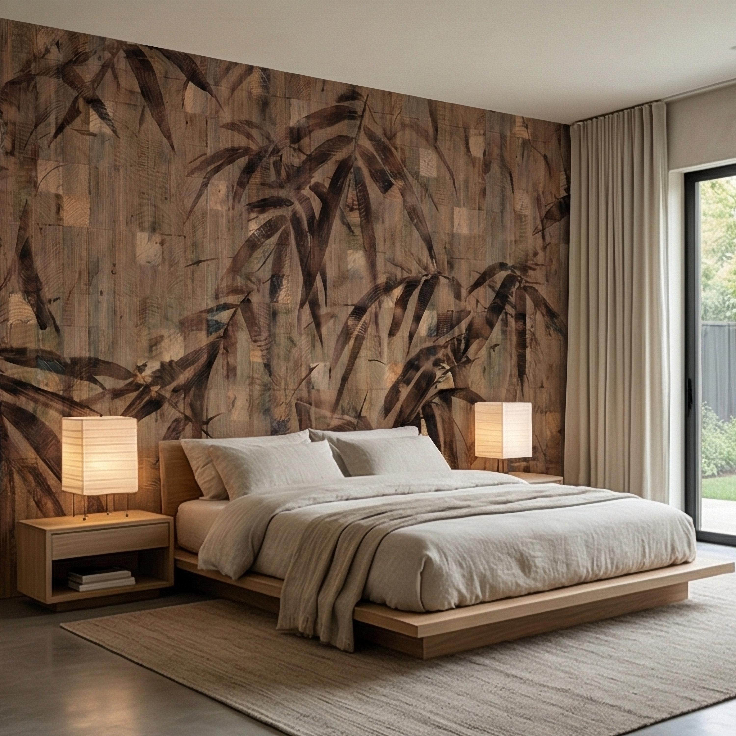 Burnt Palm Leaf on Rustic Wooden Blocks, Peel and Stick Wall Mural, Vintage Distressed Botanical Sepia Jungle Boho Wallpaper