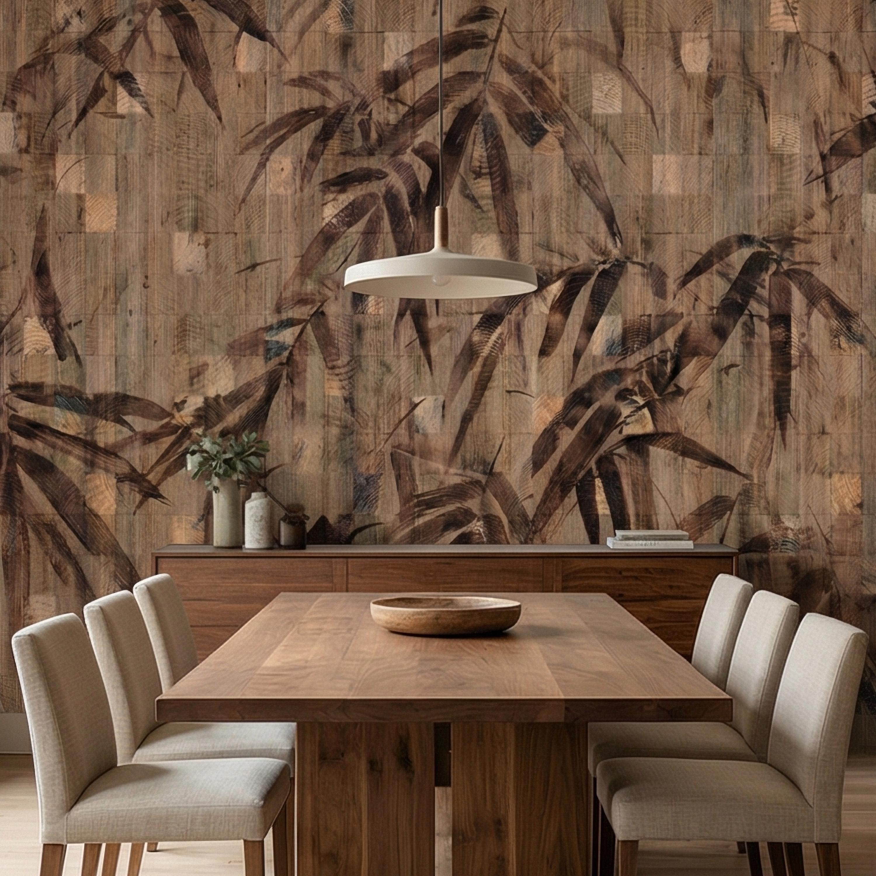 Burnt Palm Leaf on Rustic Wooden Blocks, Peel and Stick Wall Mural, Vintage Distressed Botanical Sepia Jungle Boho Wallpaper