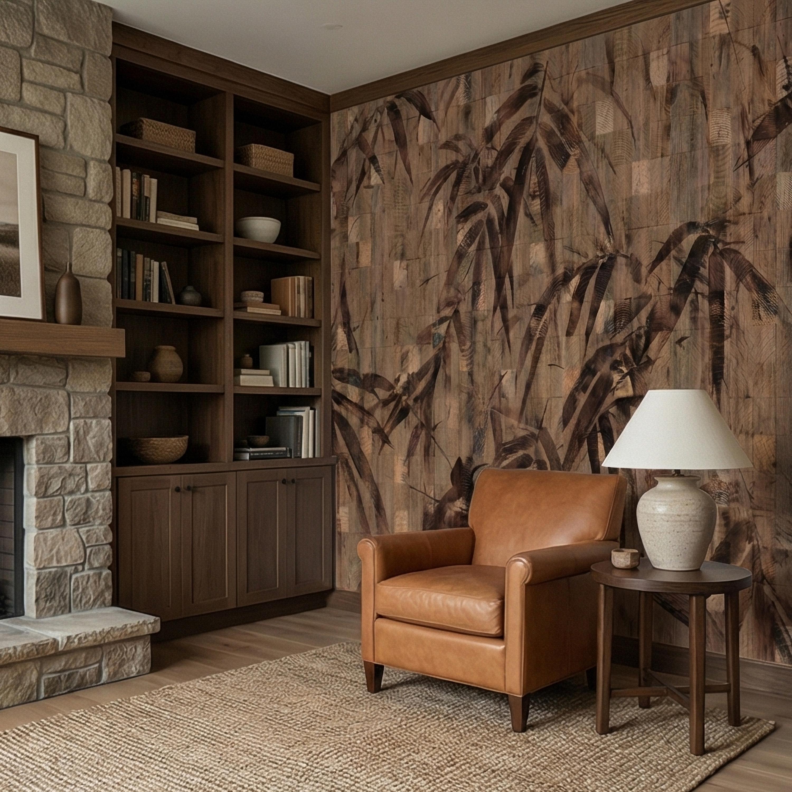 Burnt Palm Leaf on Rustic Wooden Blocks, Peel and Stick Wall Mural, Vintage Distressed Botanical Sepia Jungle Boho Wallpaper