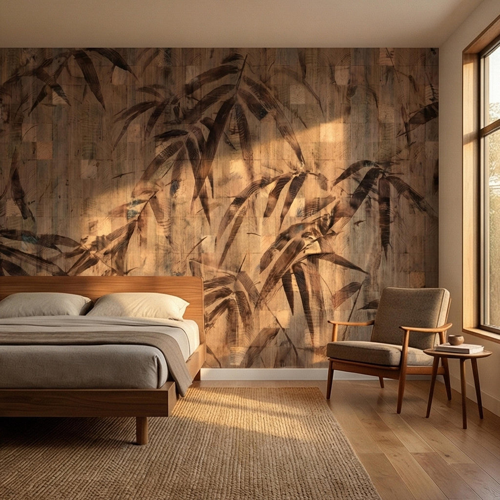 Burnt Palm Leaf on Rustic Wooden Blocks, Peel and Stick Wall Mural, Vintage Distressed Botanical Sepia Jungle Boho Wallpaper