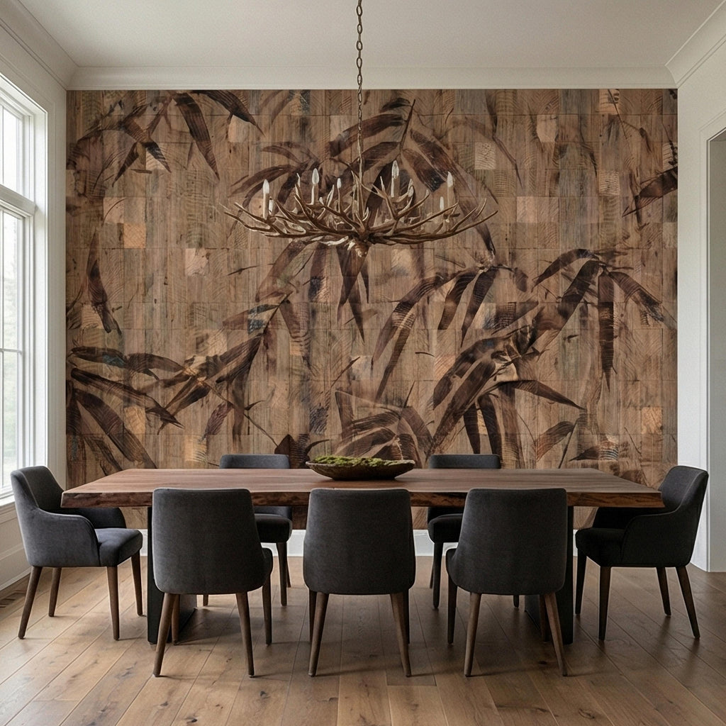 Burnt Palm Leaf on Rustic Wooden Blocks, Peel and Stick Wall Mural, Vintage Distressed Botanical Sepia Jungle Boho Wallpaper