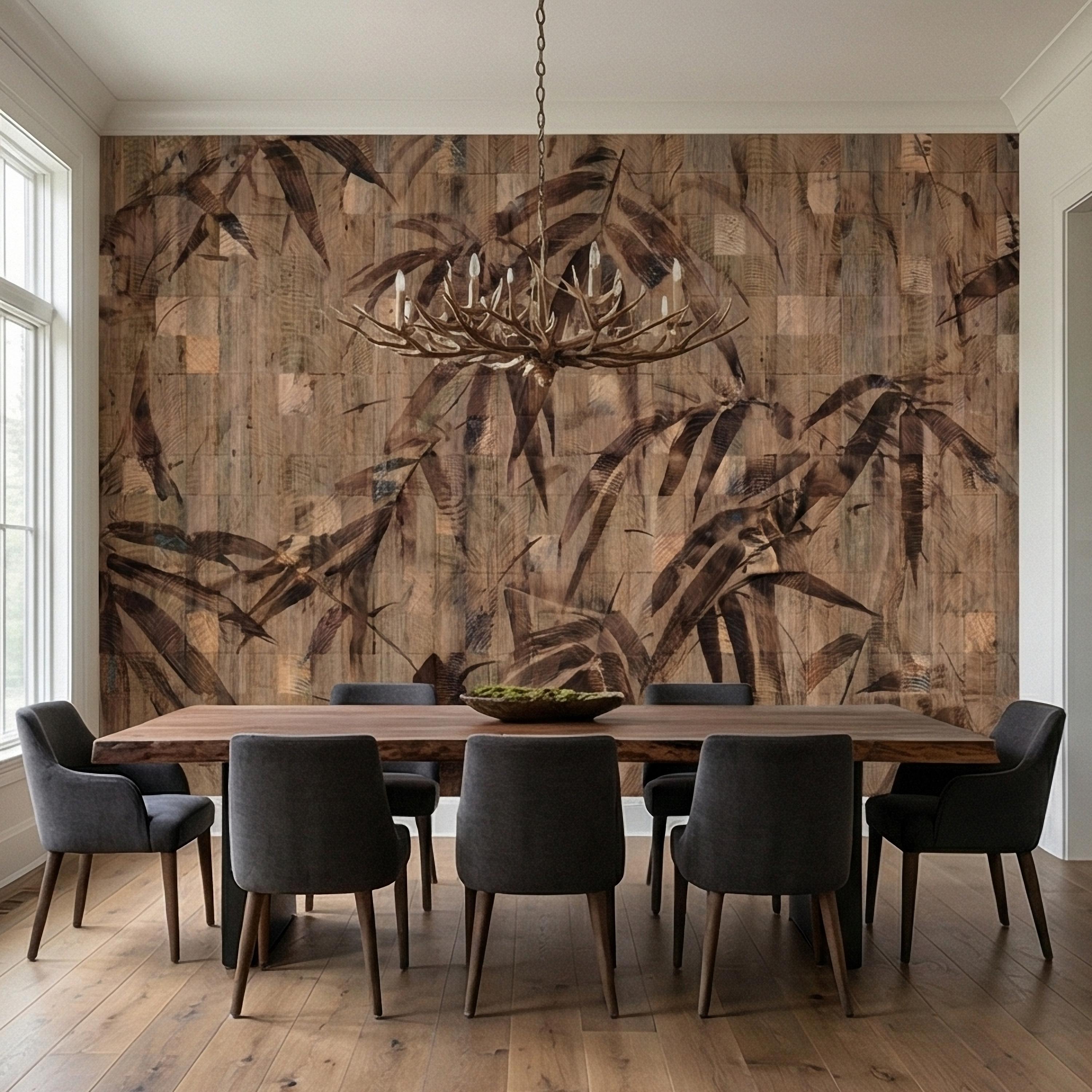 Burnt Palm Leaf on Rustic Wooden Blocks, Peel and Stick Wall Mural, Vintage Distressed Botanical Sepia Jungle Boho Wallpaper