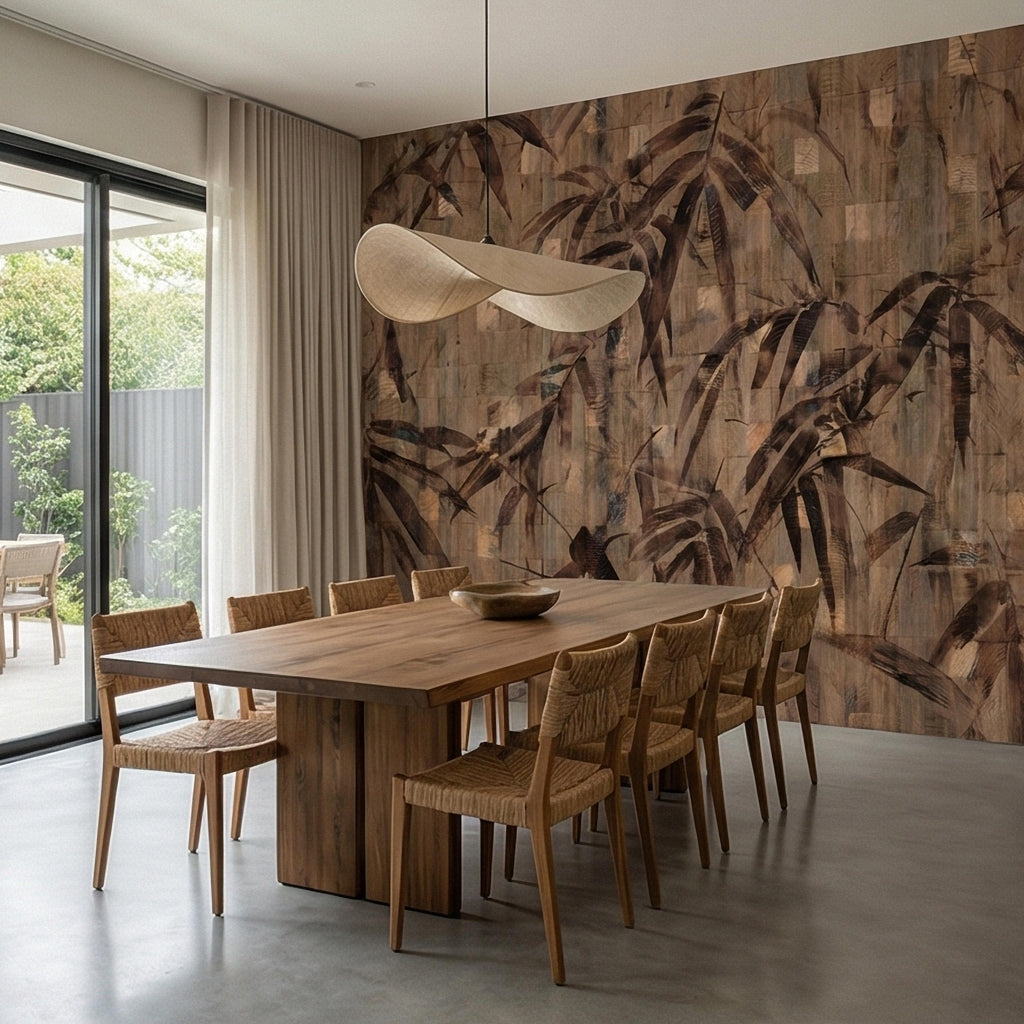 Burnt Palm Leaf on Rustic Wooden Blocks, Peel and Stick Wall Mural, Vintage Distressed Botanical Sepia Jungle Boho Wallpaper