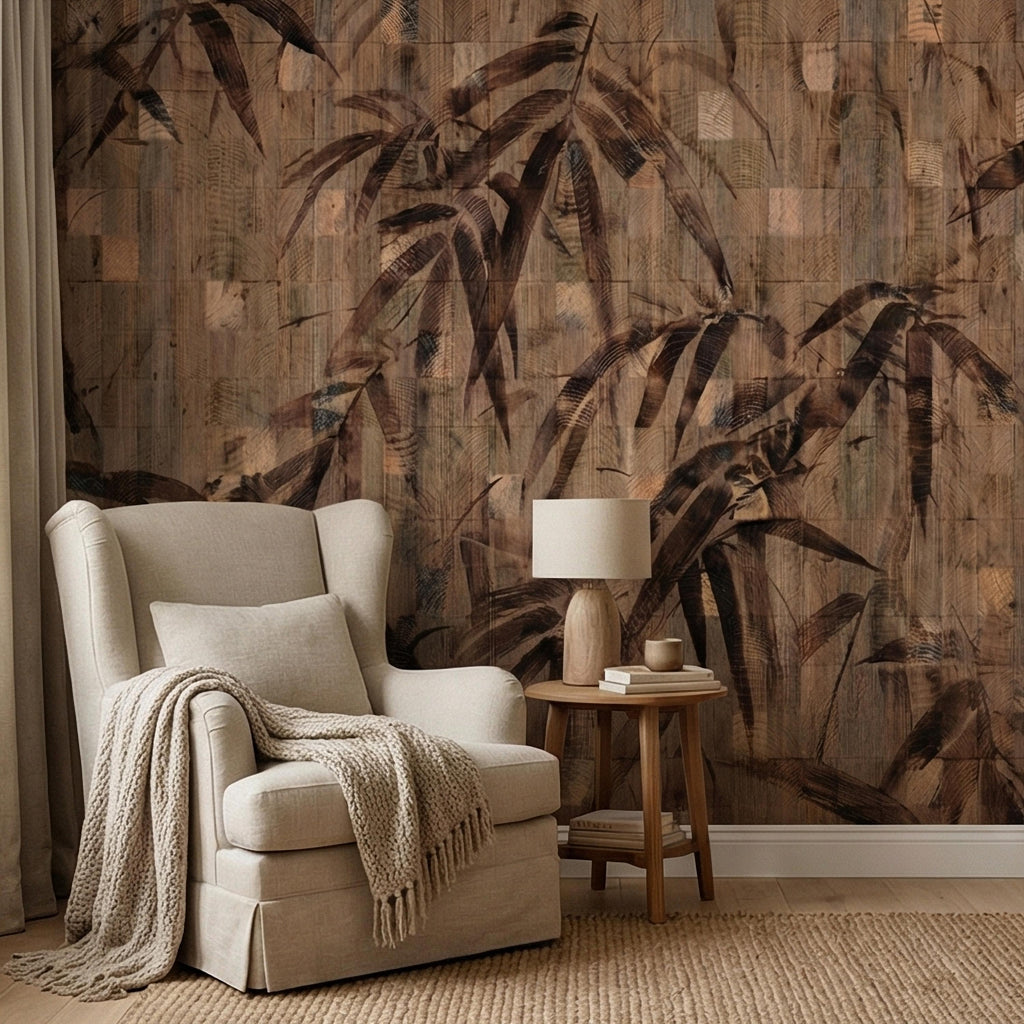 Burnt Palm Leaf on Rustic Wooden Blocks, Peel and Stick Wall Mural, Vintage Distressed Botanical Sepia Jungle Boho Wallpaper
