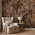 Burnt Palm Leaf on Rustic Wooden Blocks, Peel and Stick Wall Mural, Vintage Distressed Botanical Sepia Jungle Boho Wallpaper