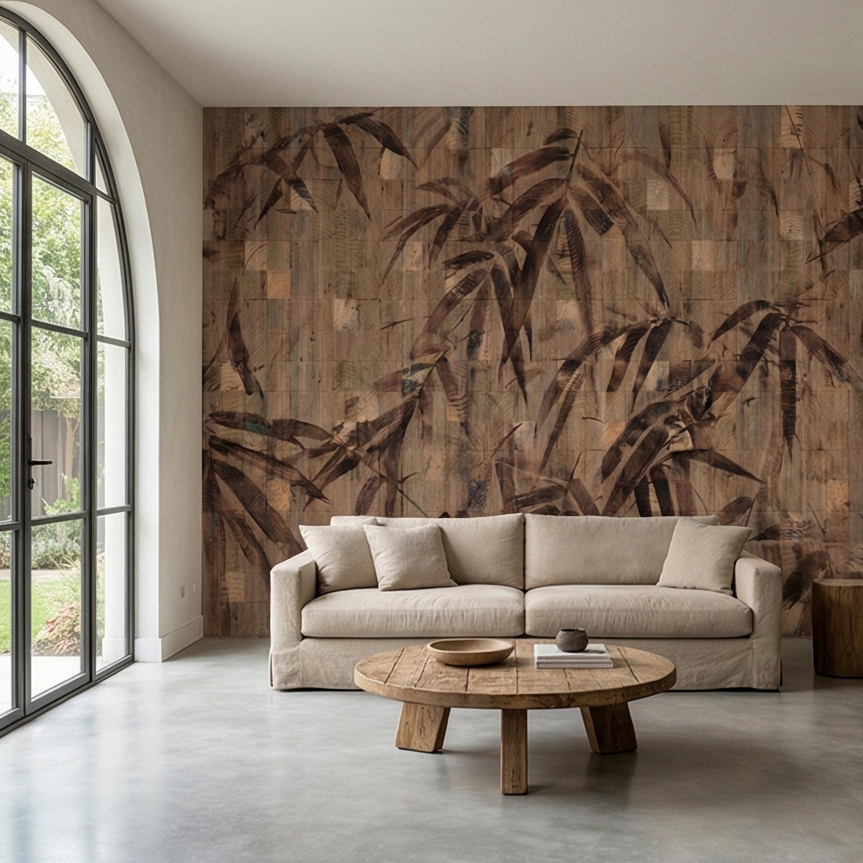 Burnt Palm Leaf on Rustic Wooden Blocks, Peel and Stick Wall Mural, Vintage Distressed Botanical Sepia Jungle Boho Wallpaper